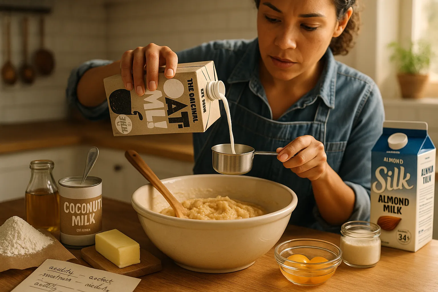 Home baker pouring oat milk into a batter bowl on a sunlit kitchen counter.