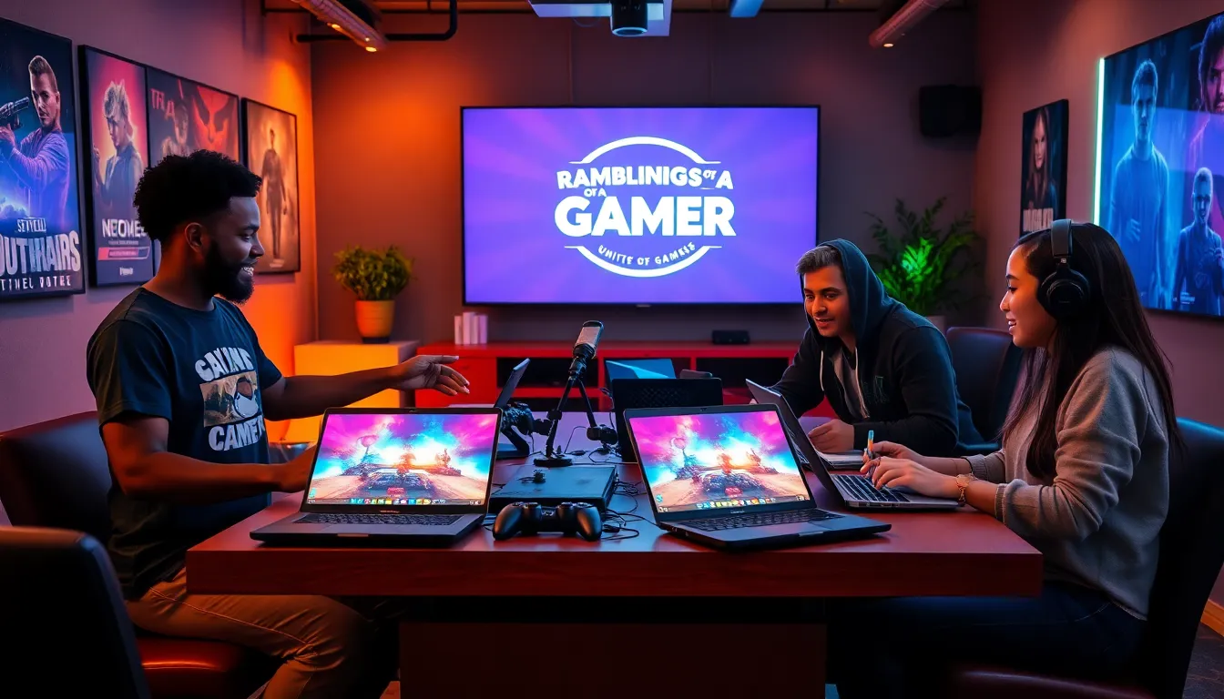 a diverse group of gamers sharing experiences in a lively gaming lounge.