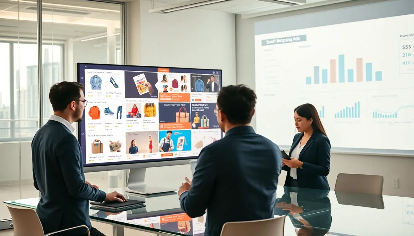 diverse team discussing smart shopping ads in a modern office.
