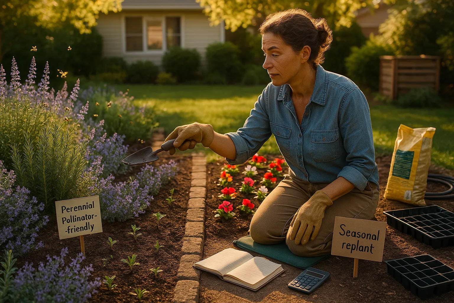 Gardener comparing a pollinator-rich herb bed and a newly planted bedding flowerbed.
