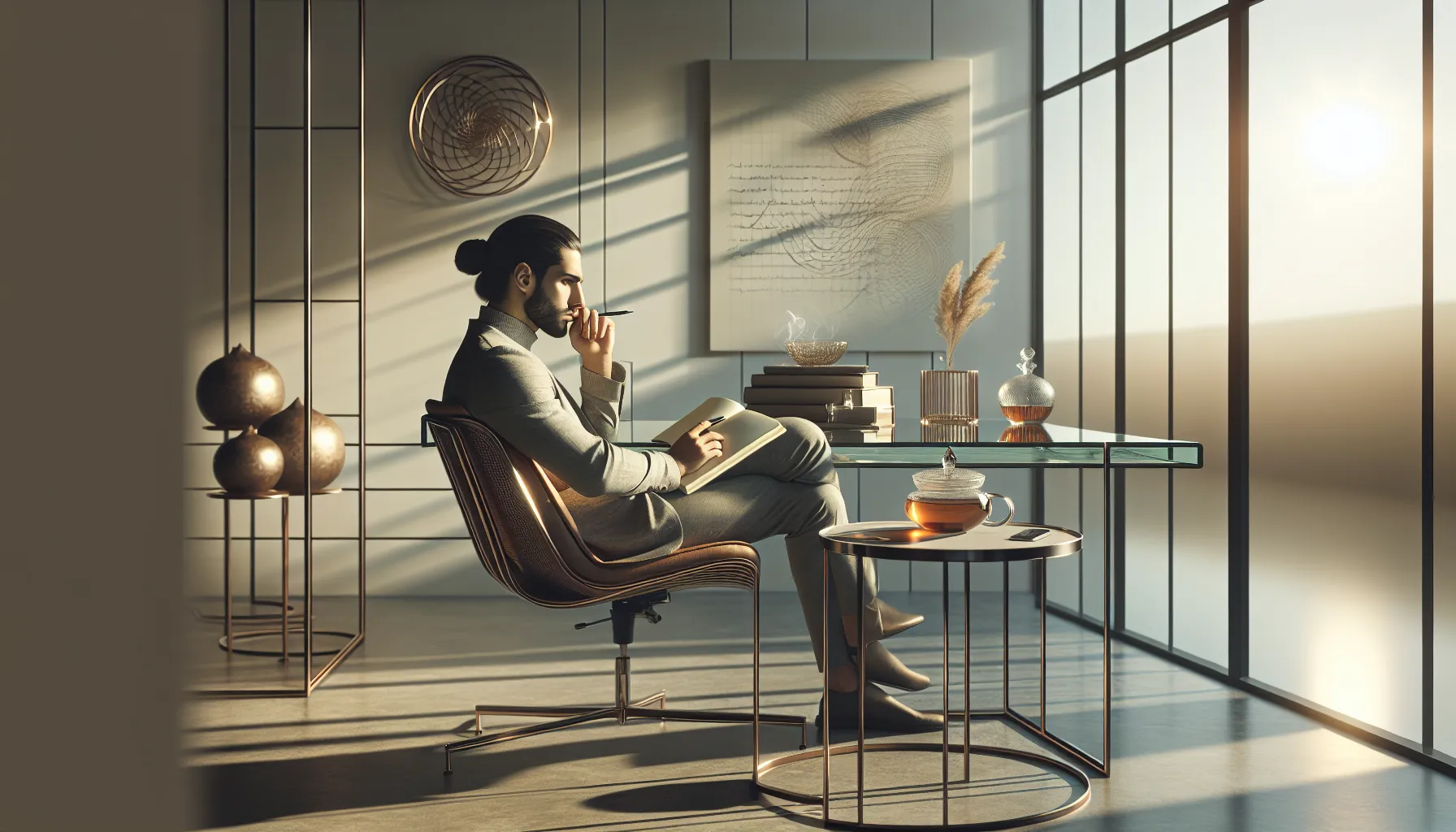 individual in a modern workspace engaging in deep reflection.