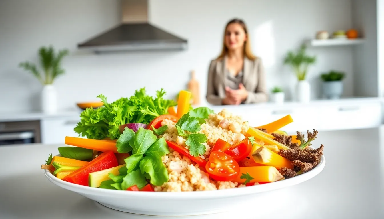 Colorful healthy meal preparation in a modern kitchen.