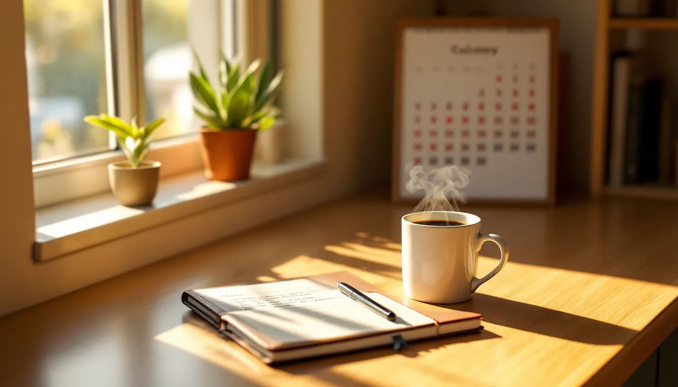 Morning coffee beside an open journal with a streak-marked wall calendar behind.