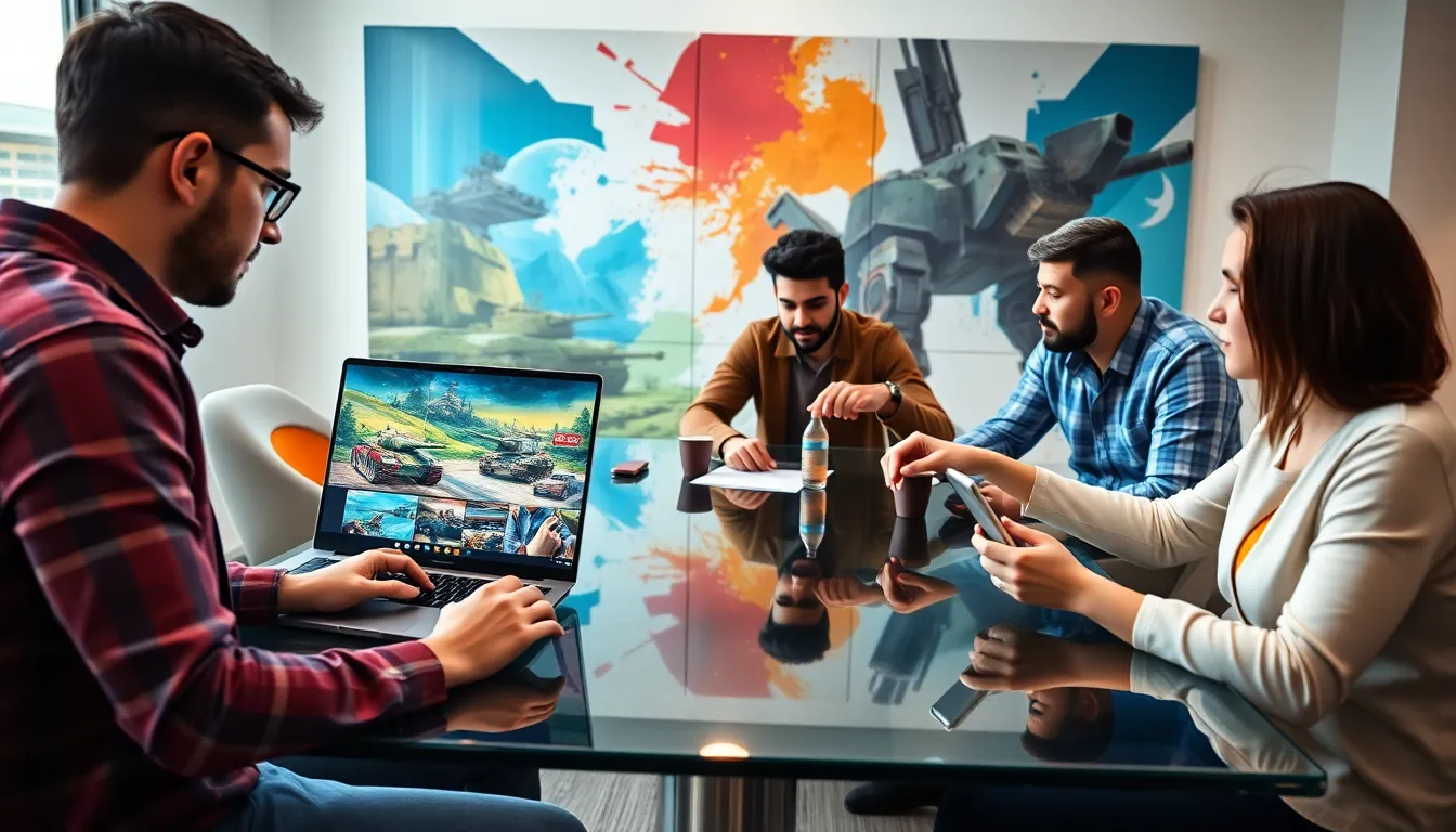 diverse game developers collaborating in a modern workspace.