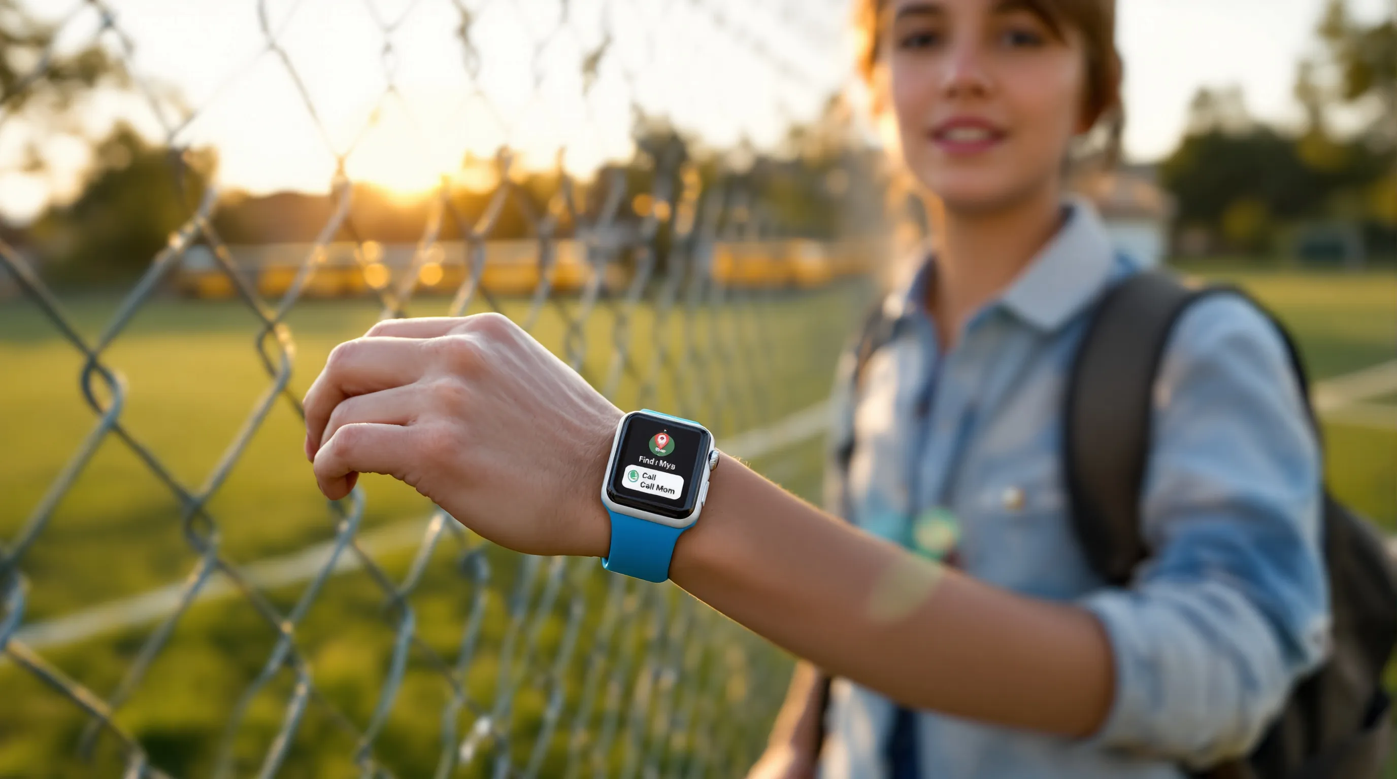 10-year-old wearing Apple Watch SE; parent tracks location on iPhone nearby.