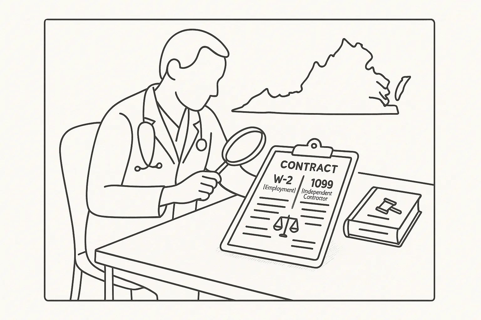 Physician assistant examining a W‑2 vs 1099 contract with magnifying glass and Virginia Physician Assistant Contract Review.
