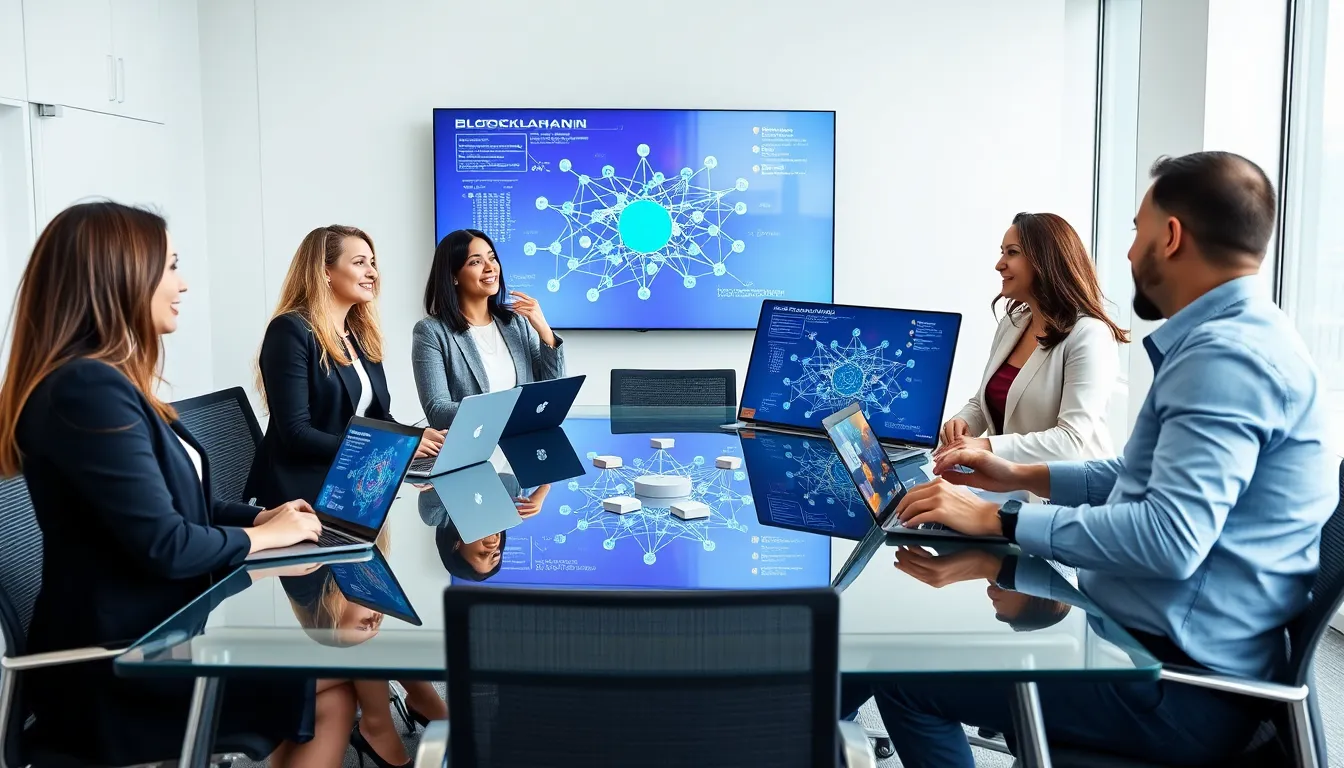 diverse team discussing blockchain technology in a modern office