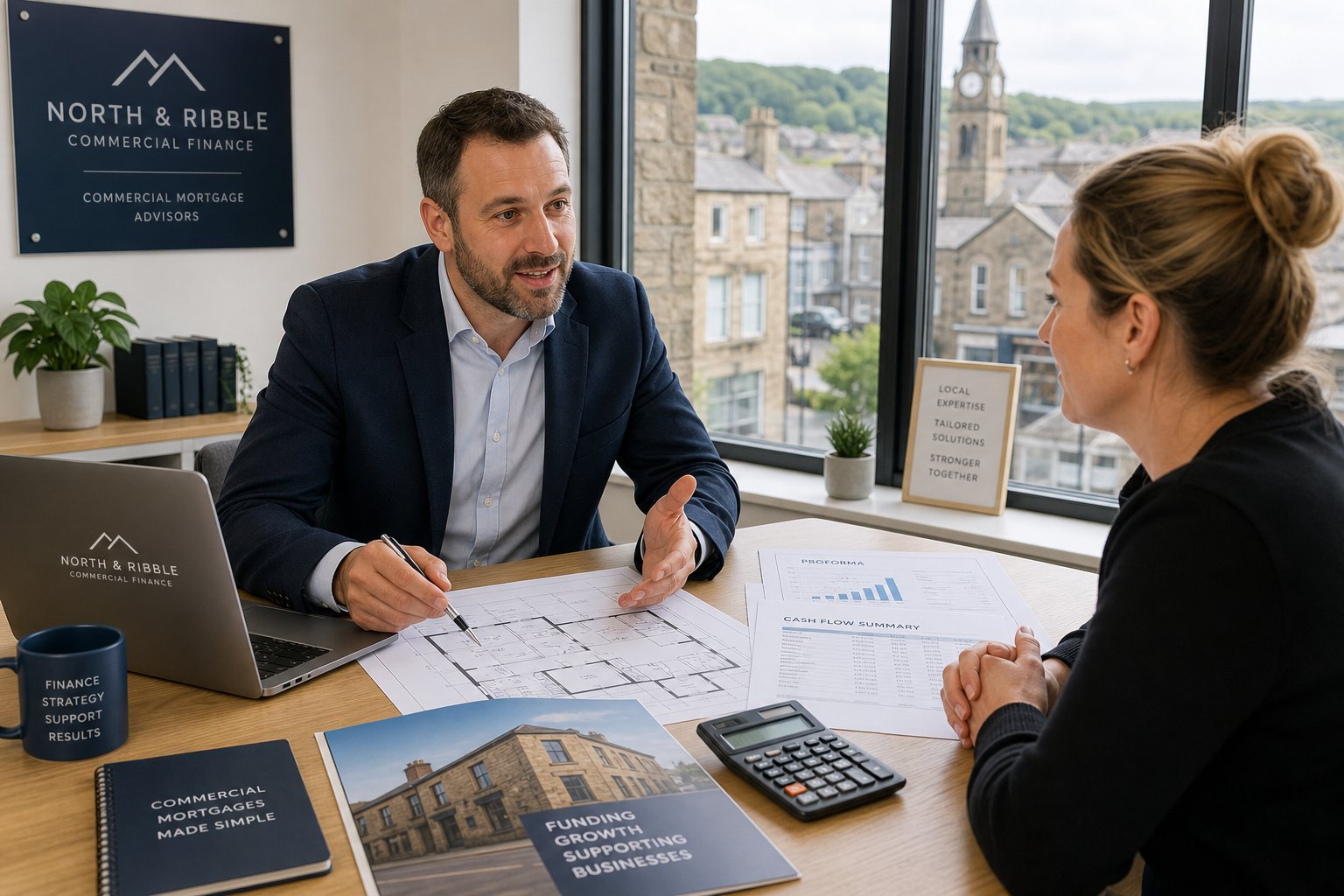 Commercial mortgage advisor meeting a business owner in a bright office with property documents and a laptop.