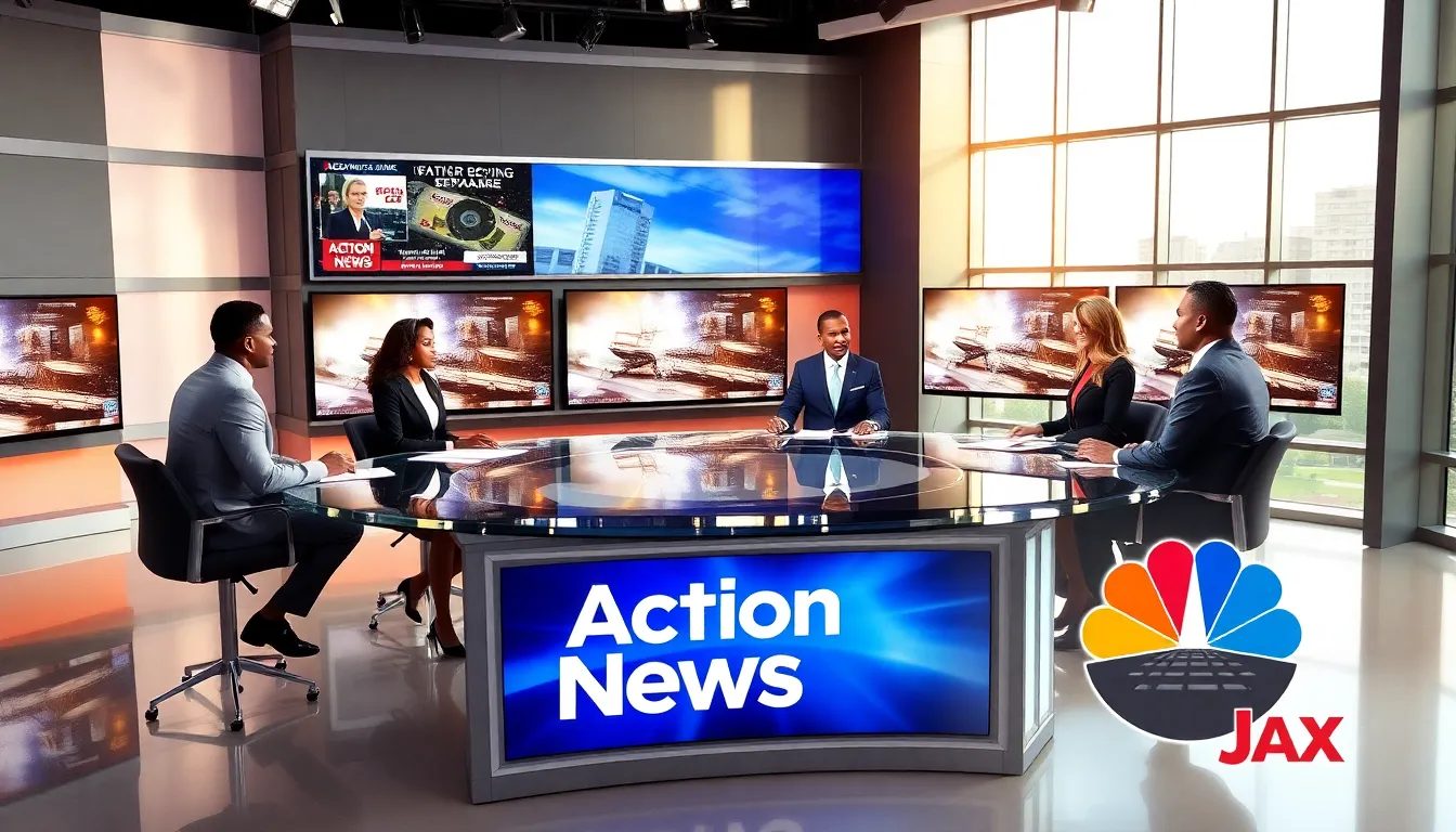 diverse news anchors in a modern newsroom.