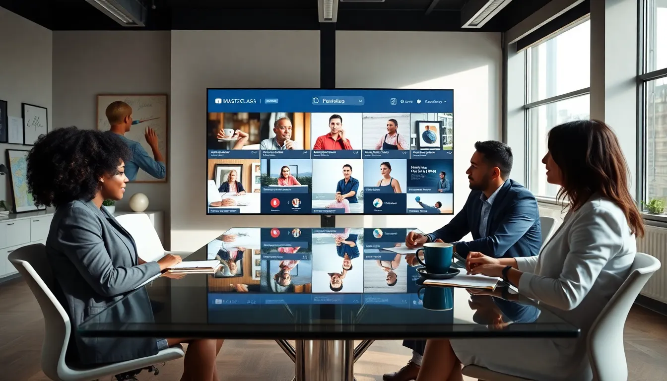 diverse professionals discussing Masterclass educational content in a modern office.