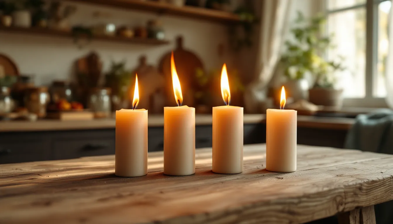Four candles with different flame intensities on a rustic kitchen table.