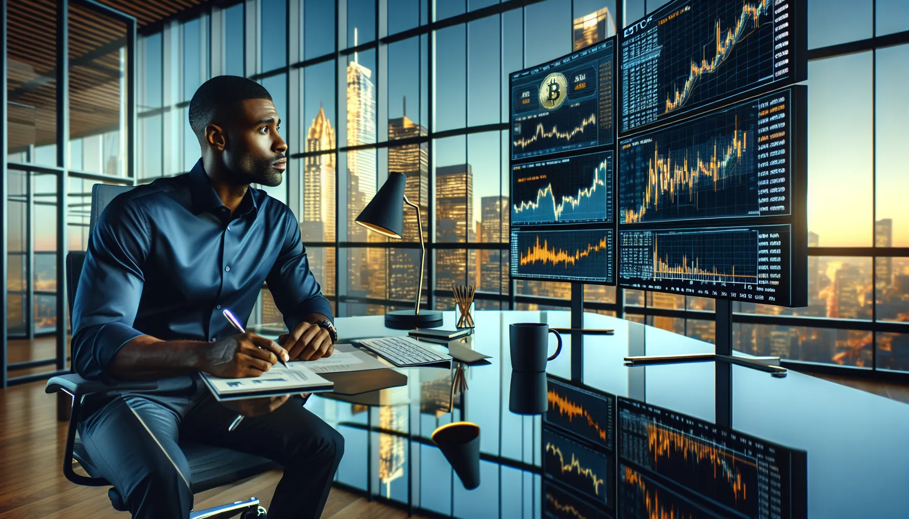 Financial analyst studying Bitcoin price charts on multiple monitors in modern office.