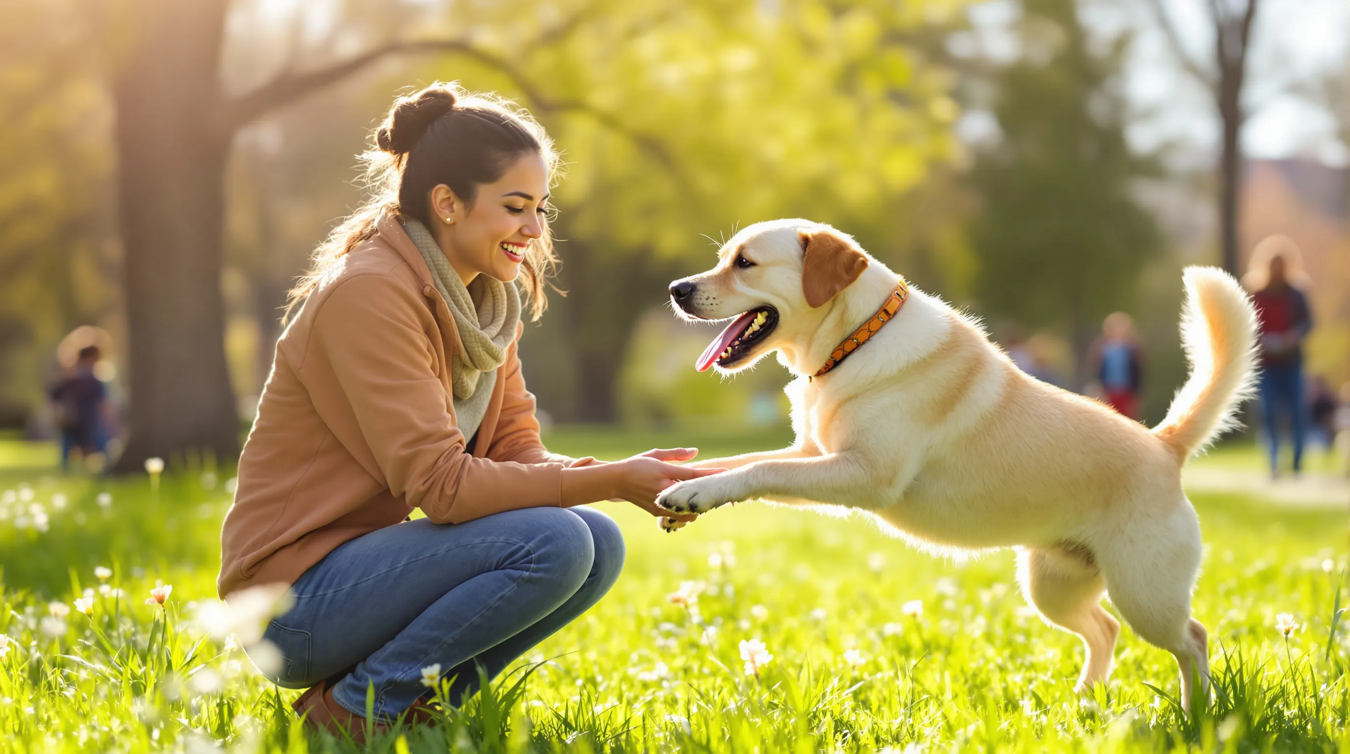 A young woman playing with a happy Labrador Retriever in a sunny park.