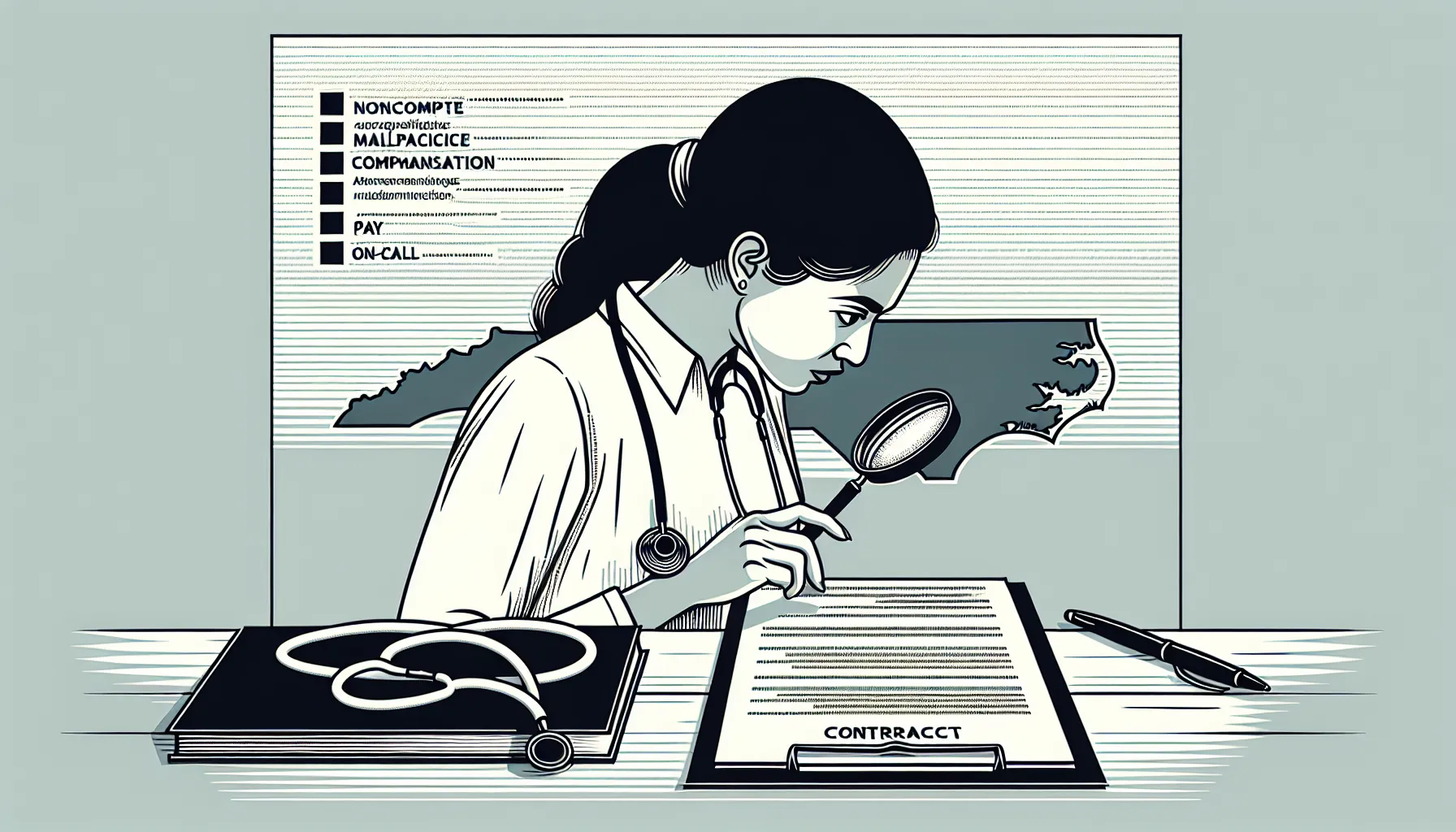 Veterinarian examining a contract with magnifying glass and NC outline in background of North Carolina Veterinary Contract Review.