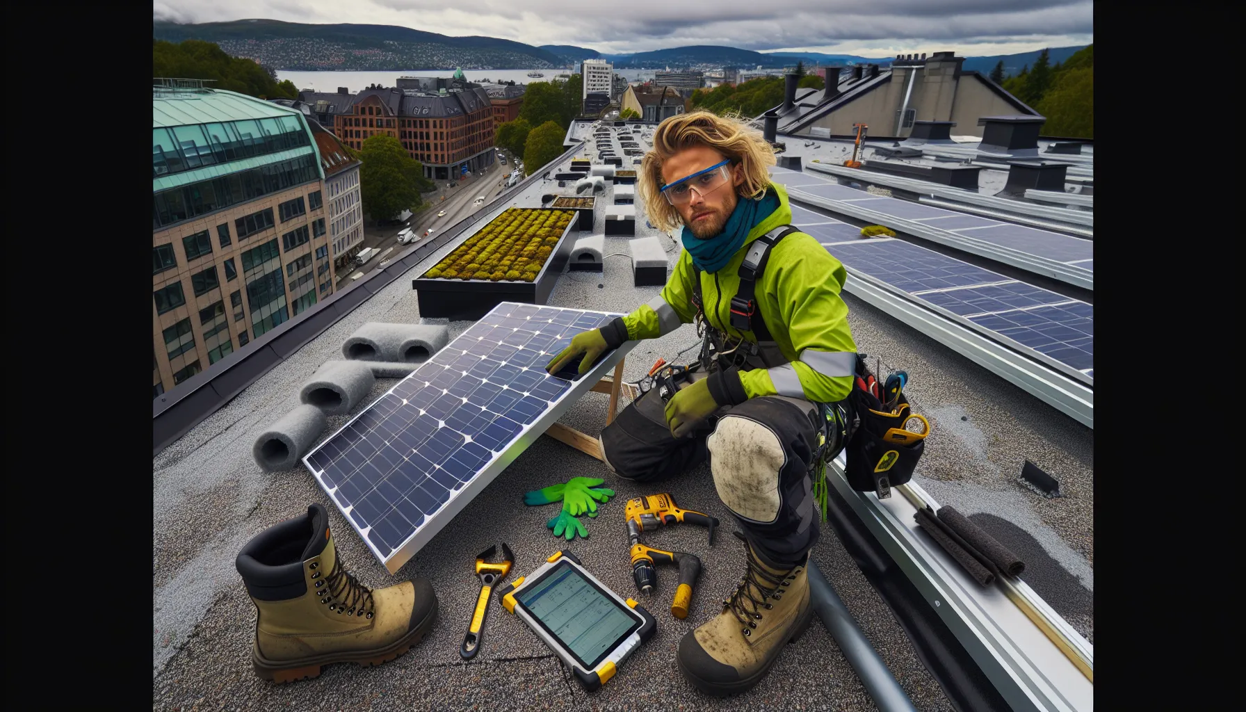Norwegian roofer installs solar panels on a green roof overlooking oslo.