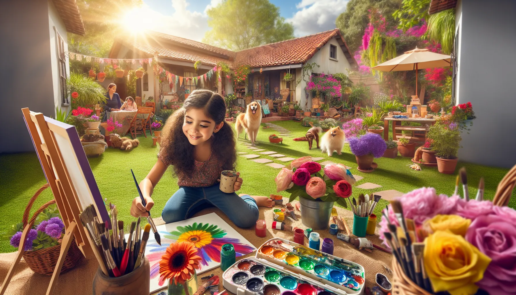 a young girl painting in a sunny backyard, surrounded by art supplies.