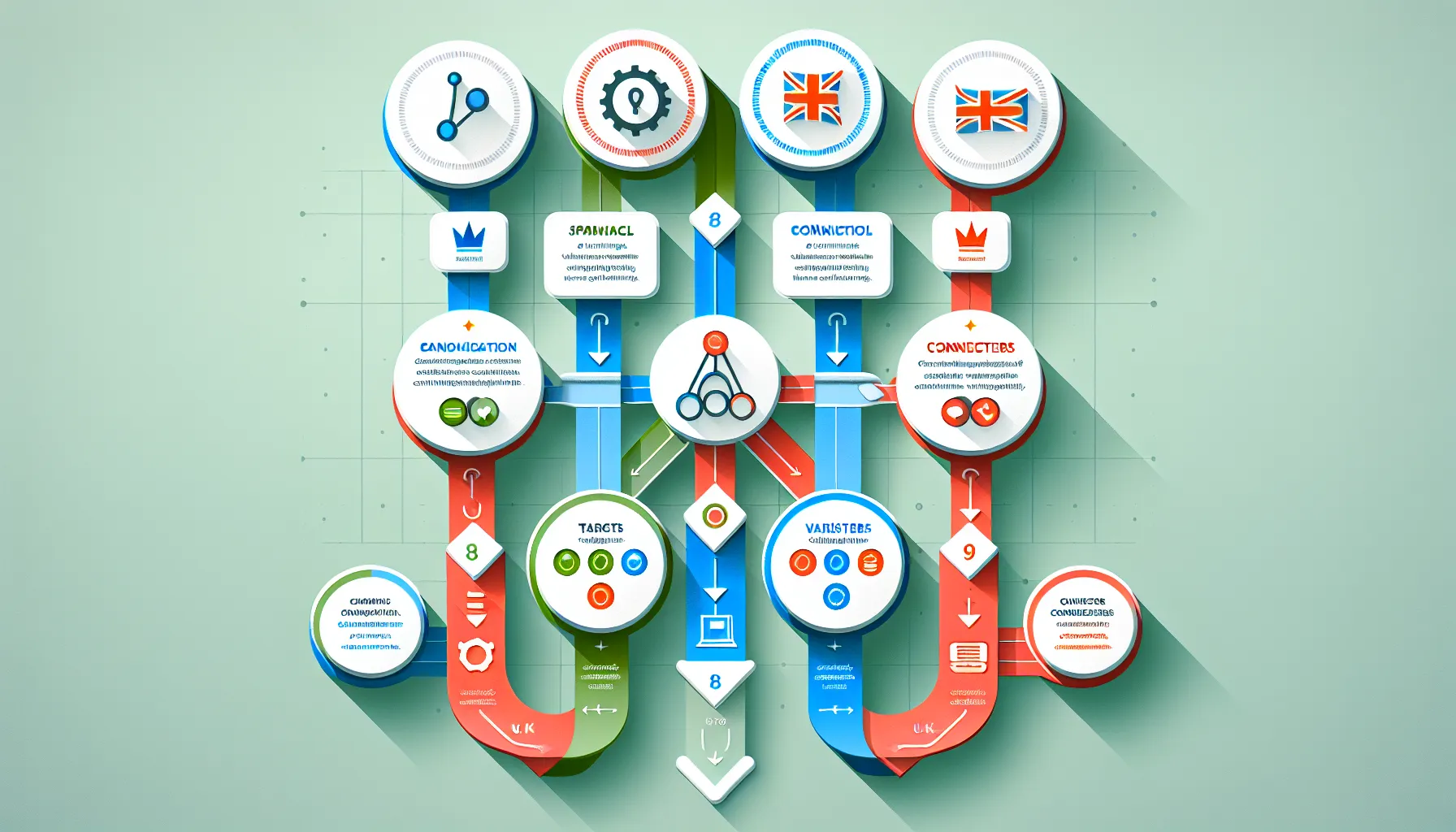 Flowchart of SEO canonicalisation scenarios with best-practice targets and redirects.