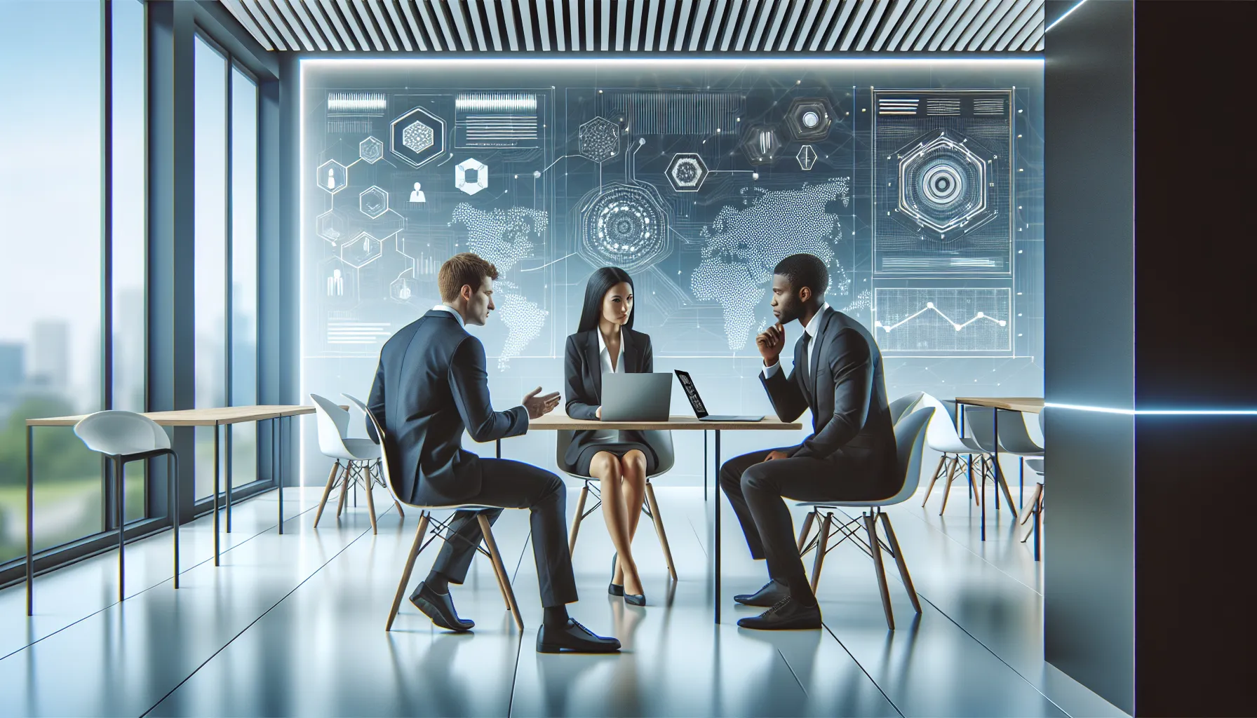 diverse team discussing data in a modern office setting.