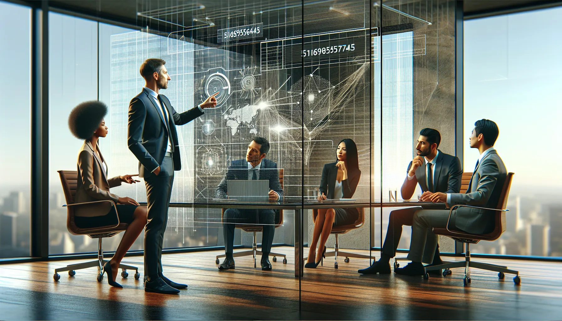 professionals discussing data in a modern office setting.