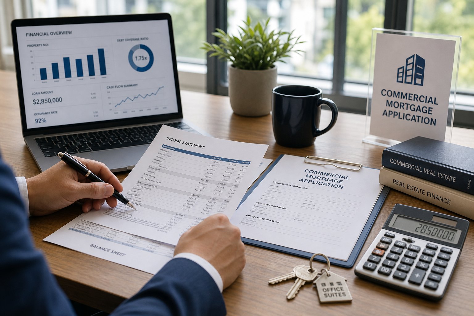 Hands arranging financial documents for a commercial mortgage application at a desk with laptop and calculator.