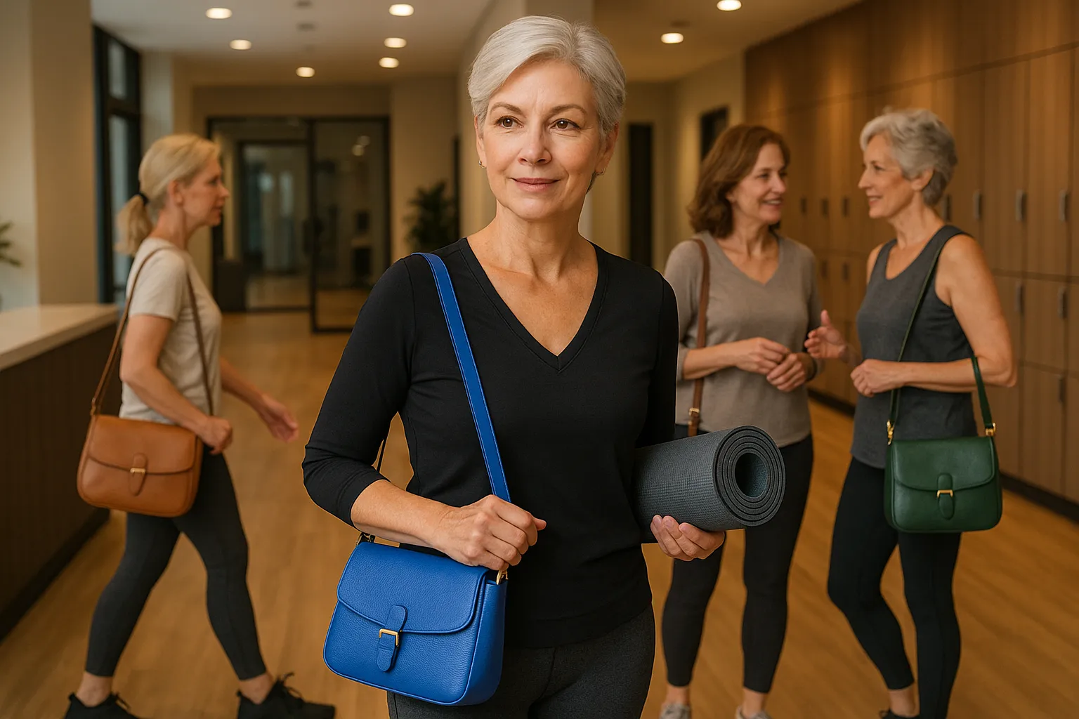 Stylish women over 50 at a gym lobby with colorful leather crossbody bags.