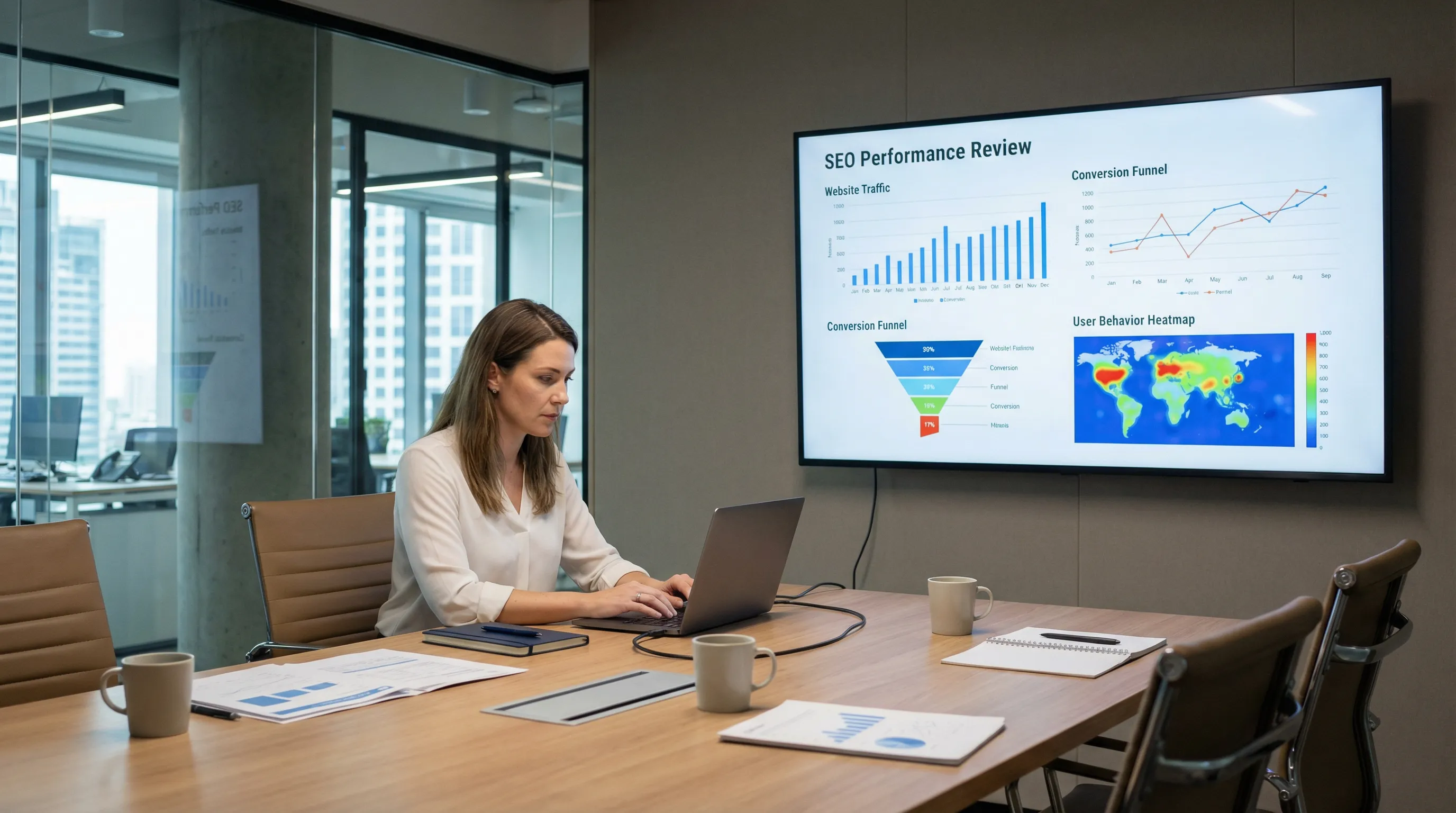 Marketing analyst reviewing charts of traffic, conversions, and behavior heatmaps on a large screen in a conference room.
