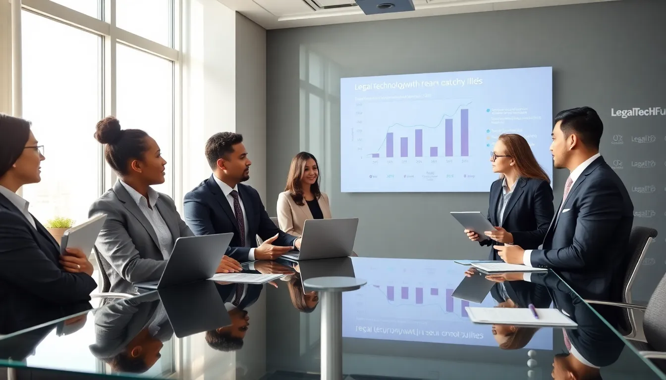 diverse team discussing legal technology trends in a modern office.