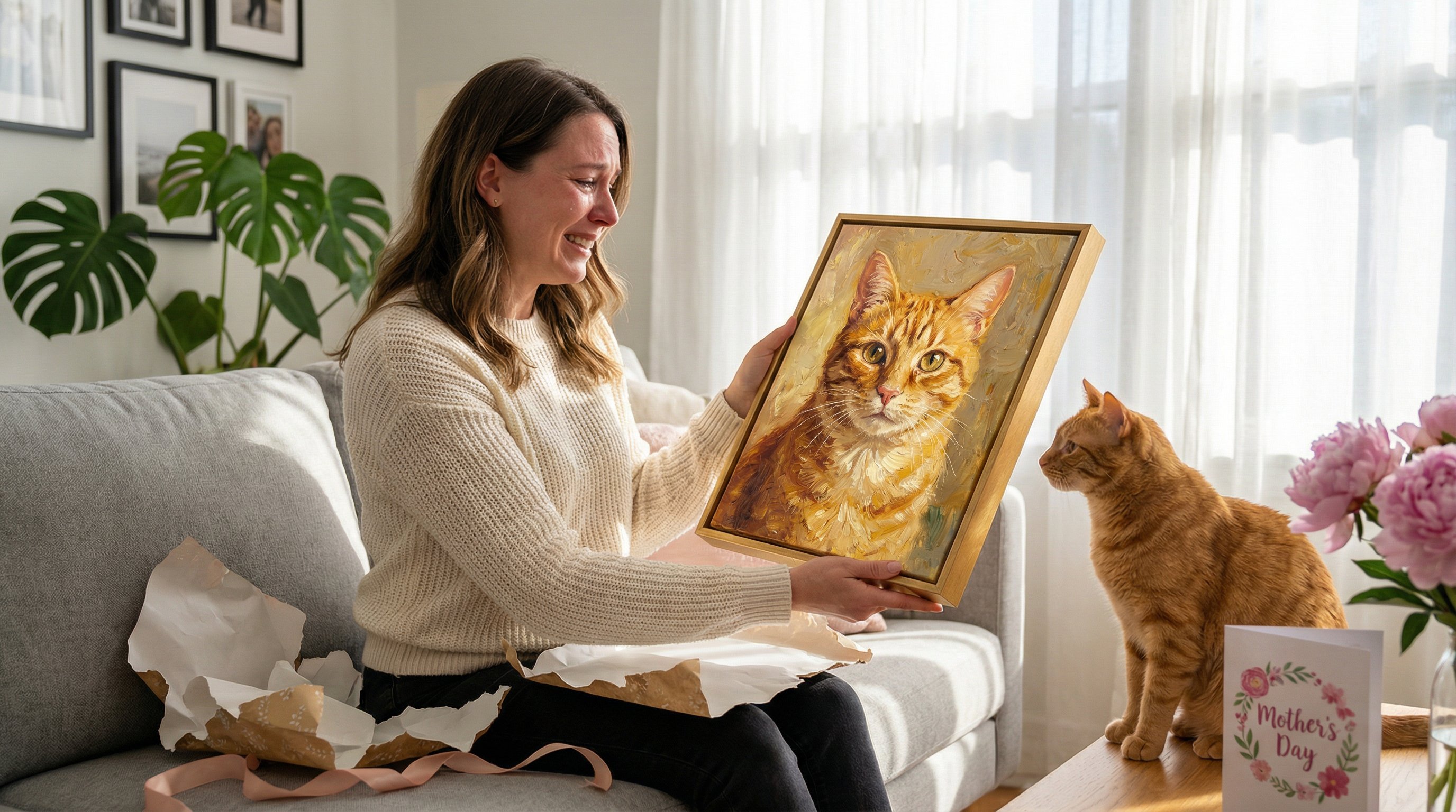 Woman joyfully holding a custom framed cat portrait beside her orange tabby cat.
