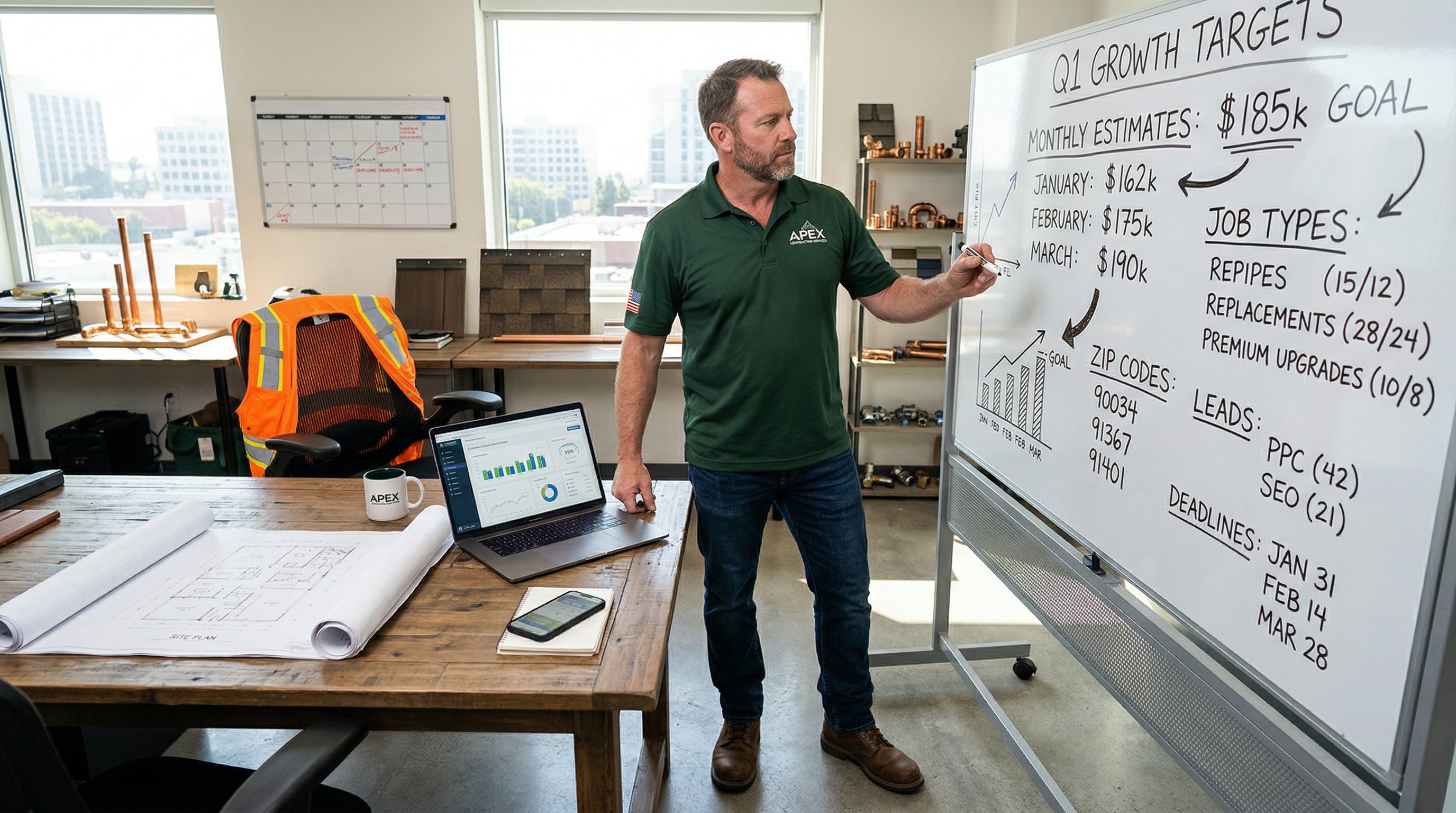Contractor planning clear business marketing goals in a bright office.