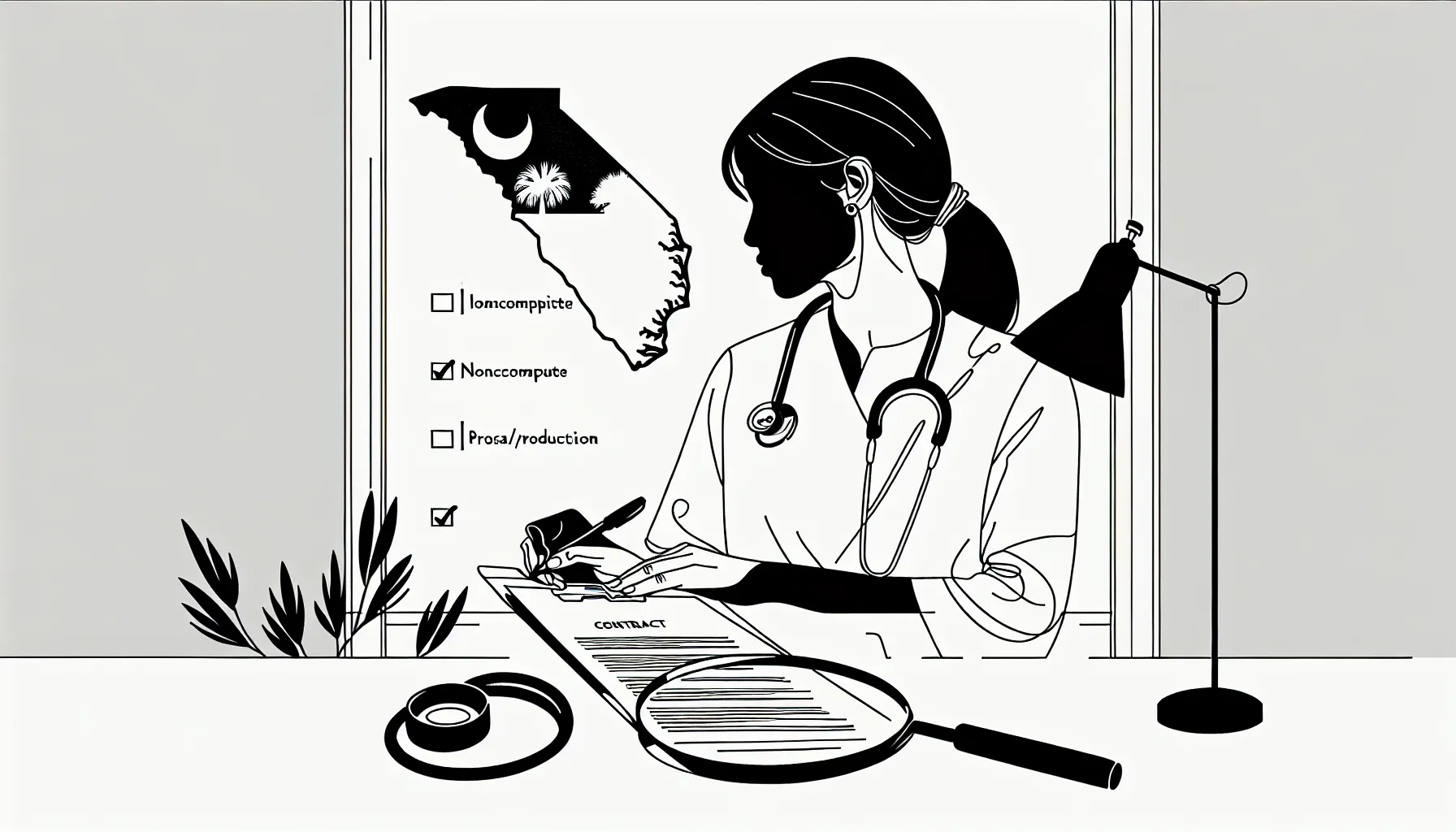 Veterinarian reviewing a contract with magnifying glass and South Carolina outline of South Carolina Veterinary Contract Review.