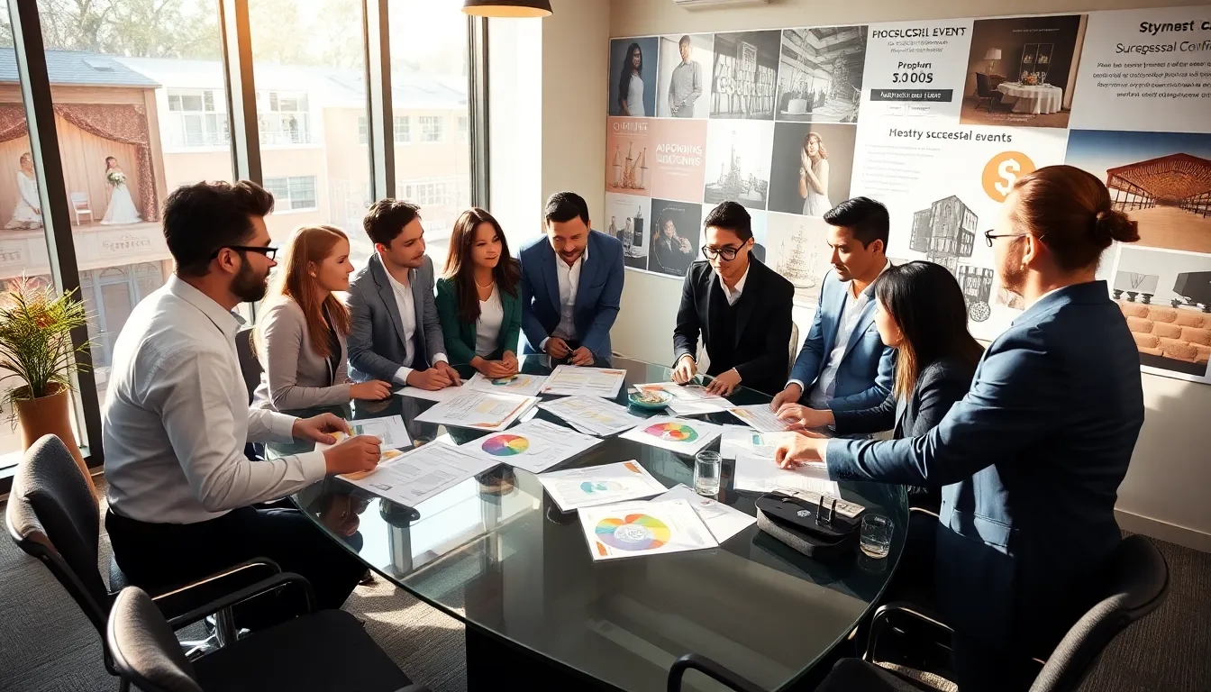 diverse team brainstorming ideas for affordable events in a modern office.