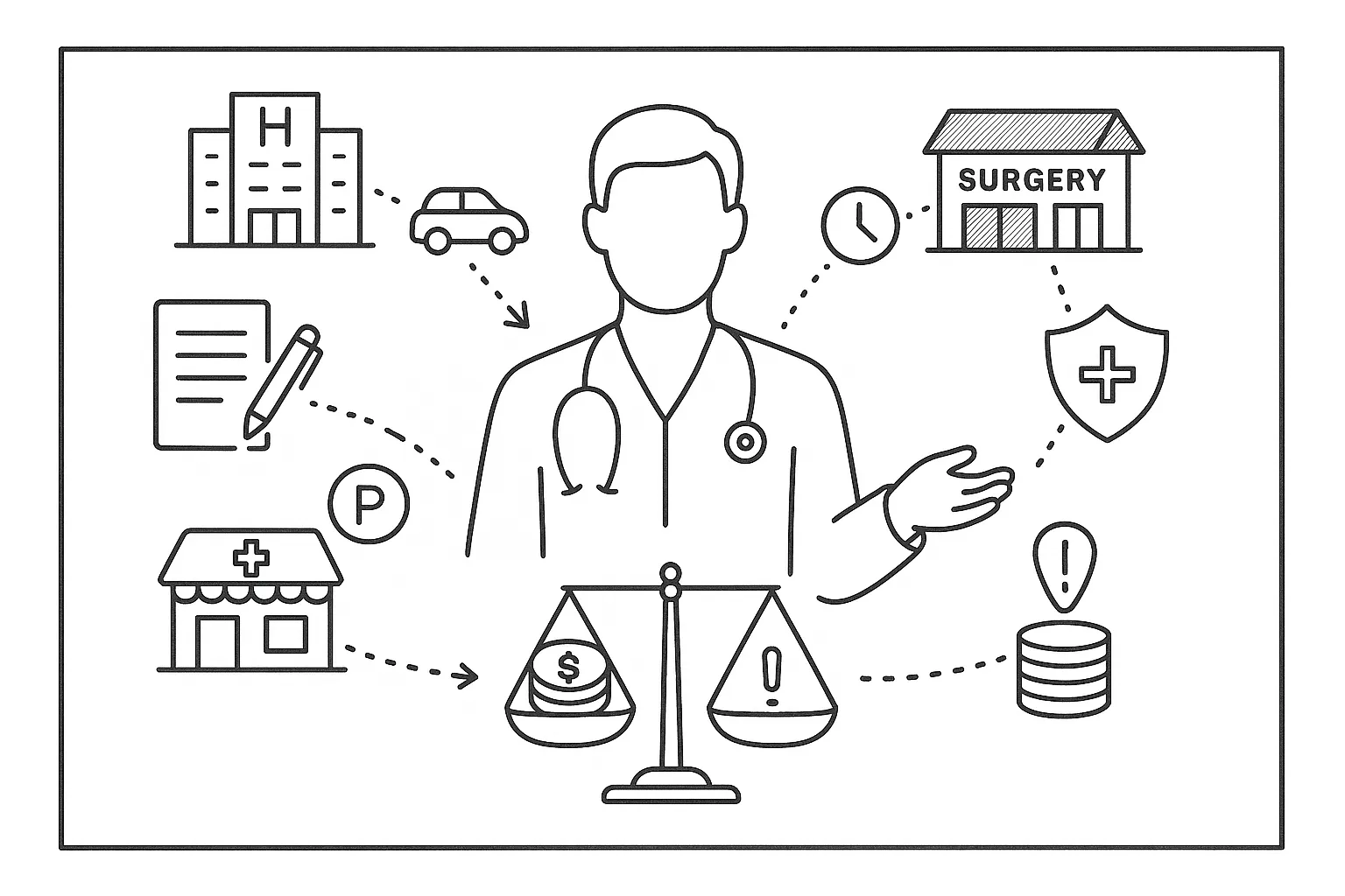PA figure between three healthcare sites with icons for travel, pay, contracts, and risk.