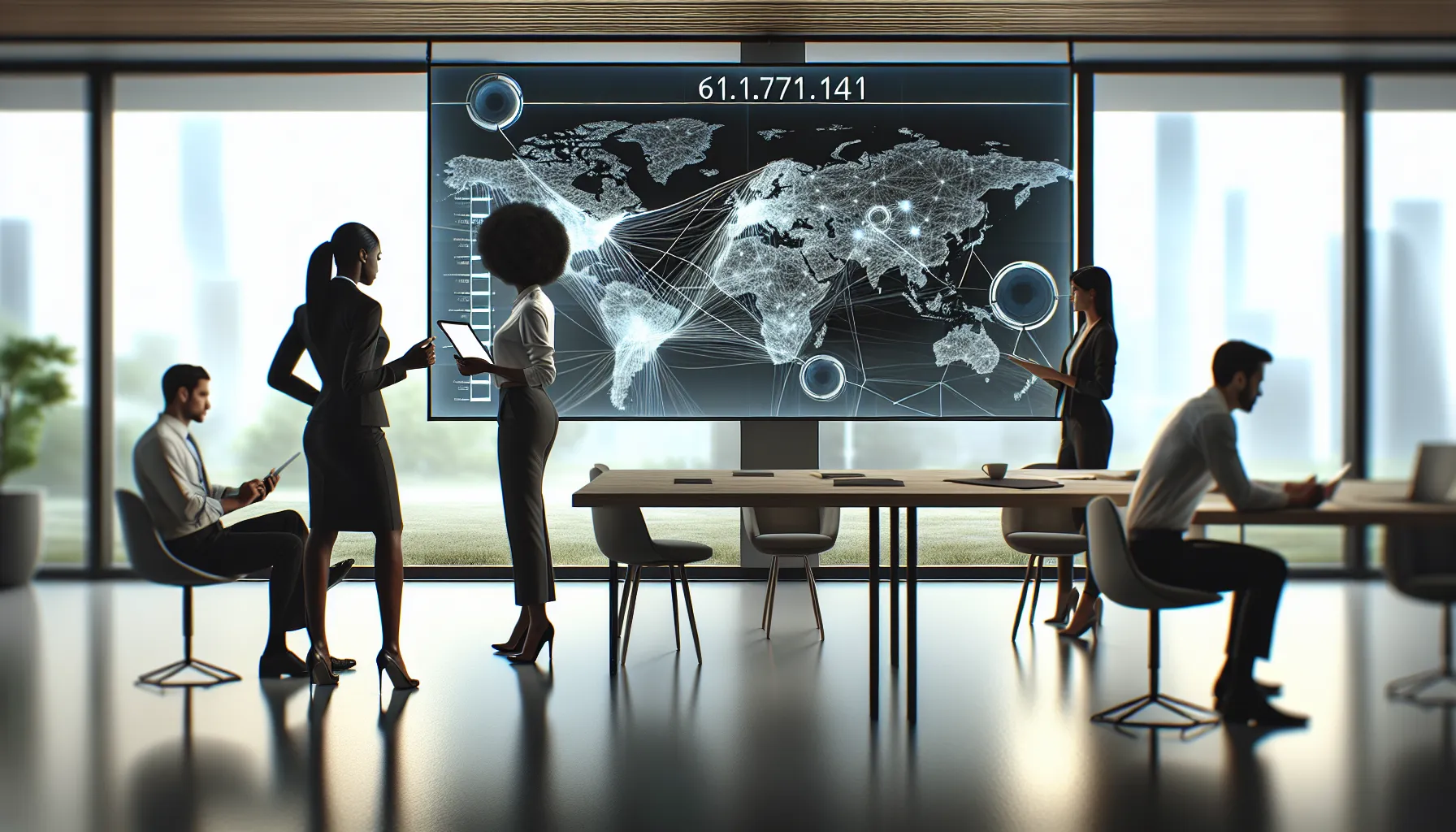 professionals discussing IP addresses in a modern office setting.