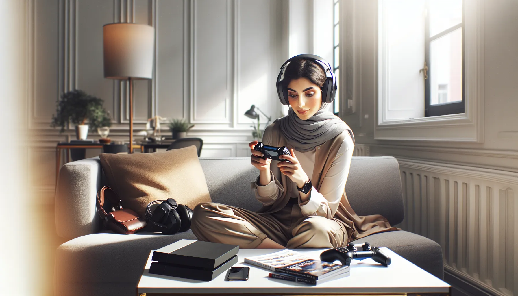 gamer enjoying portable gaming with quality headphones in a modern setting.