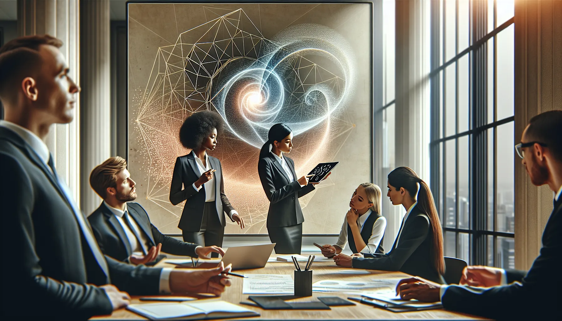 diverse team analyzing data and concepts in a modern office.