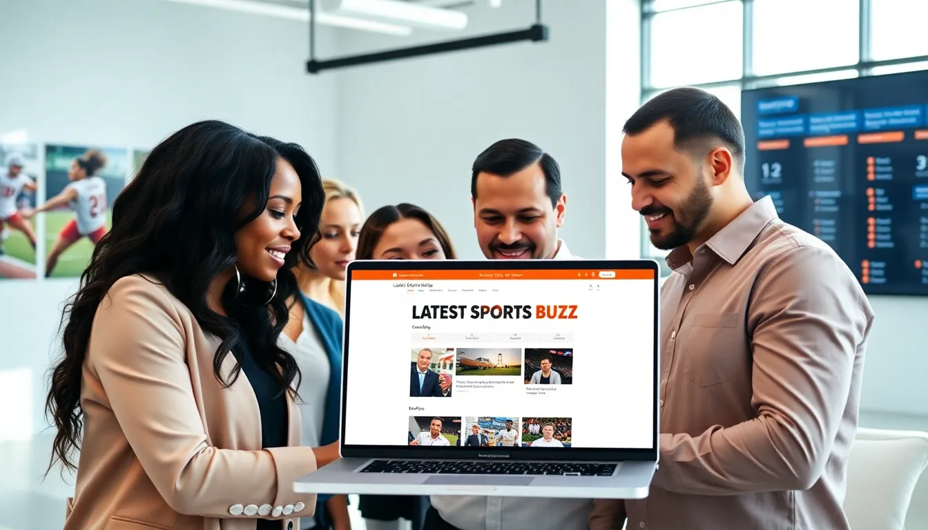 diverse professionals collaborating over sports news in a modern office.