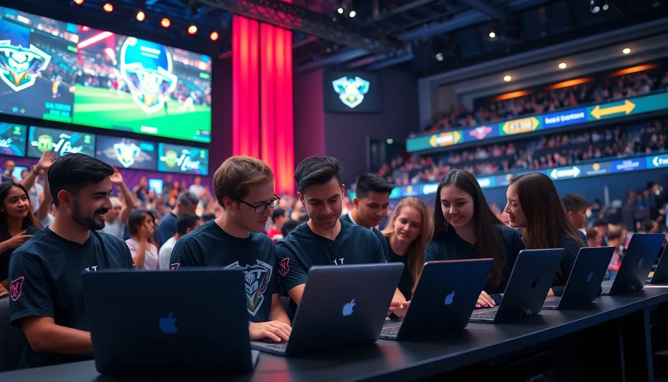 diverse professionals collaborating in an esports arena setting.