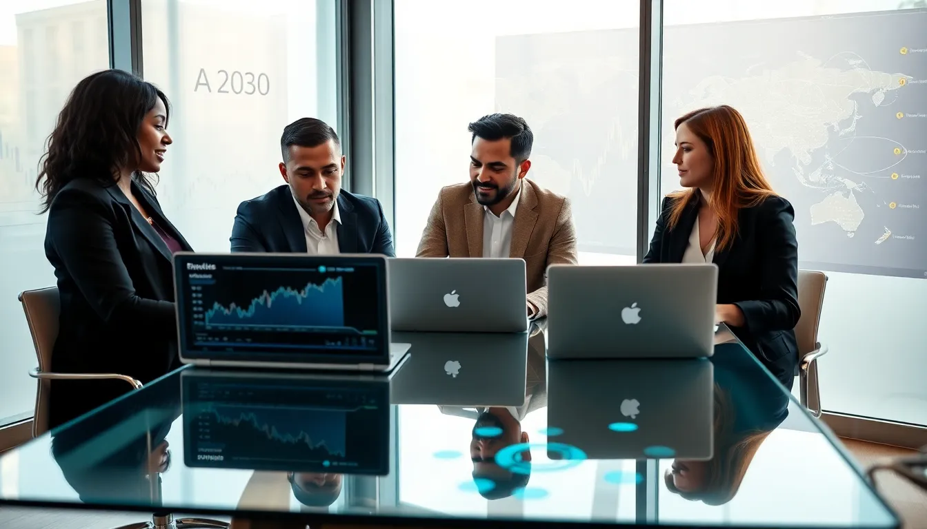 professionals discussing cryptocurrency trends in a modern office.