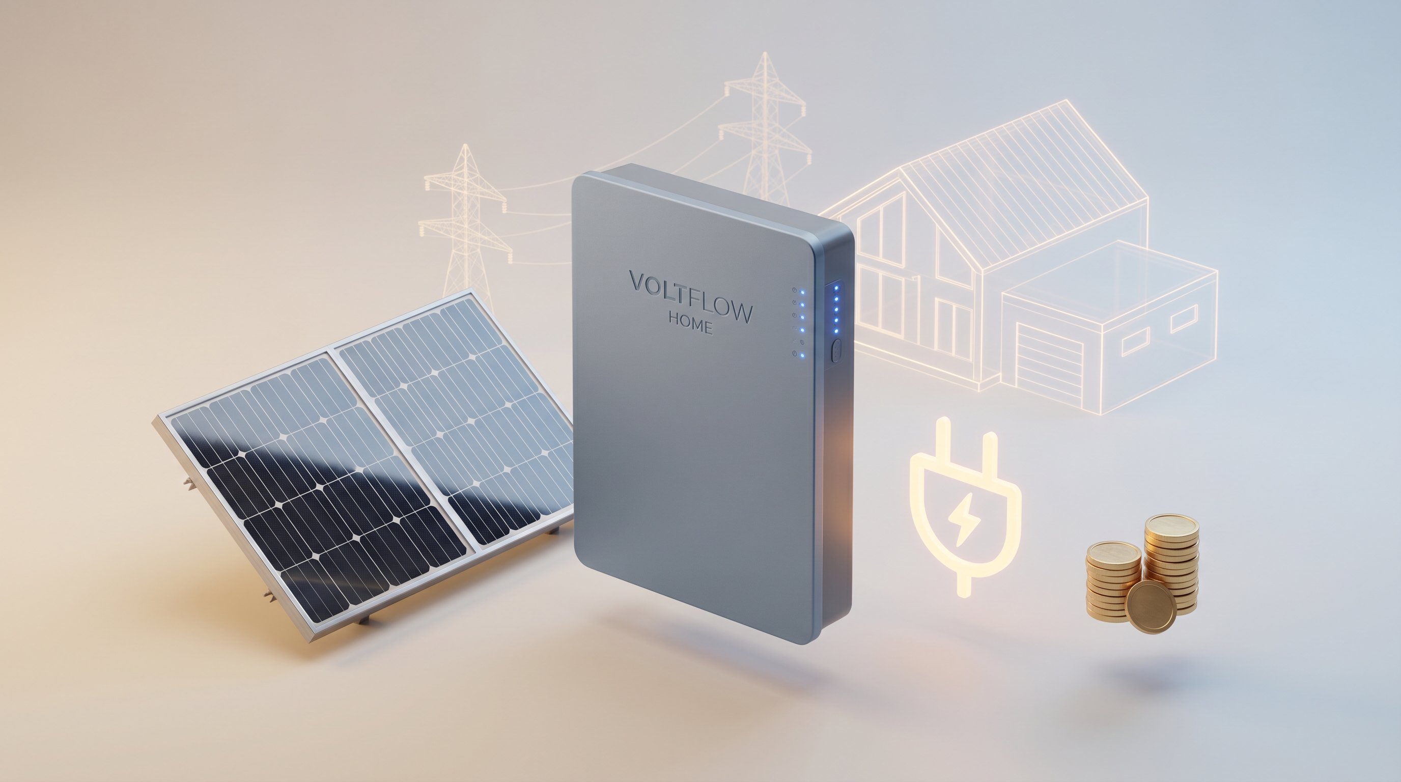 3D render of a modern home energy storage battery unit with solar panel and cost-saving icons.