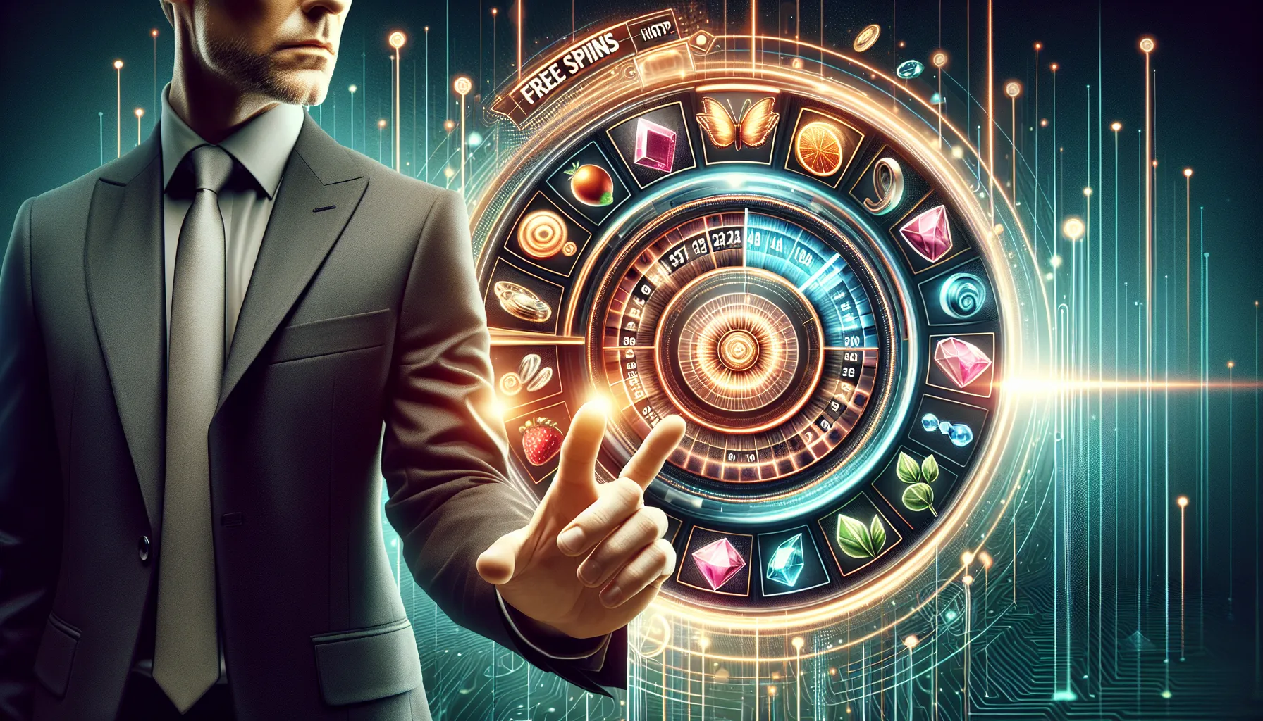 User interacting with a slot machine showcasing free spins and high RTP emphasis.