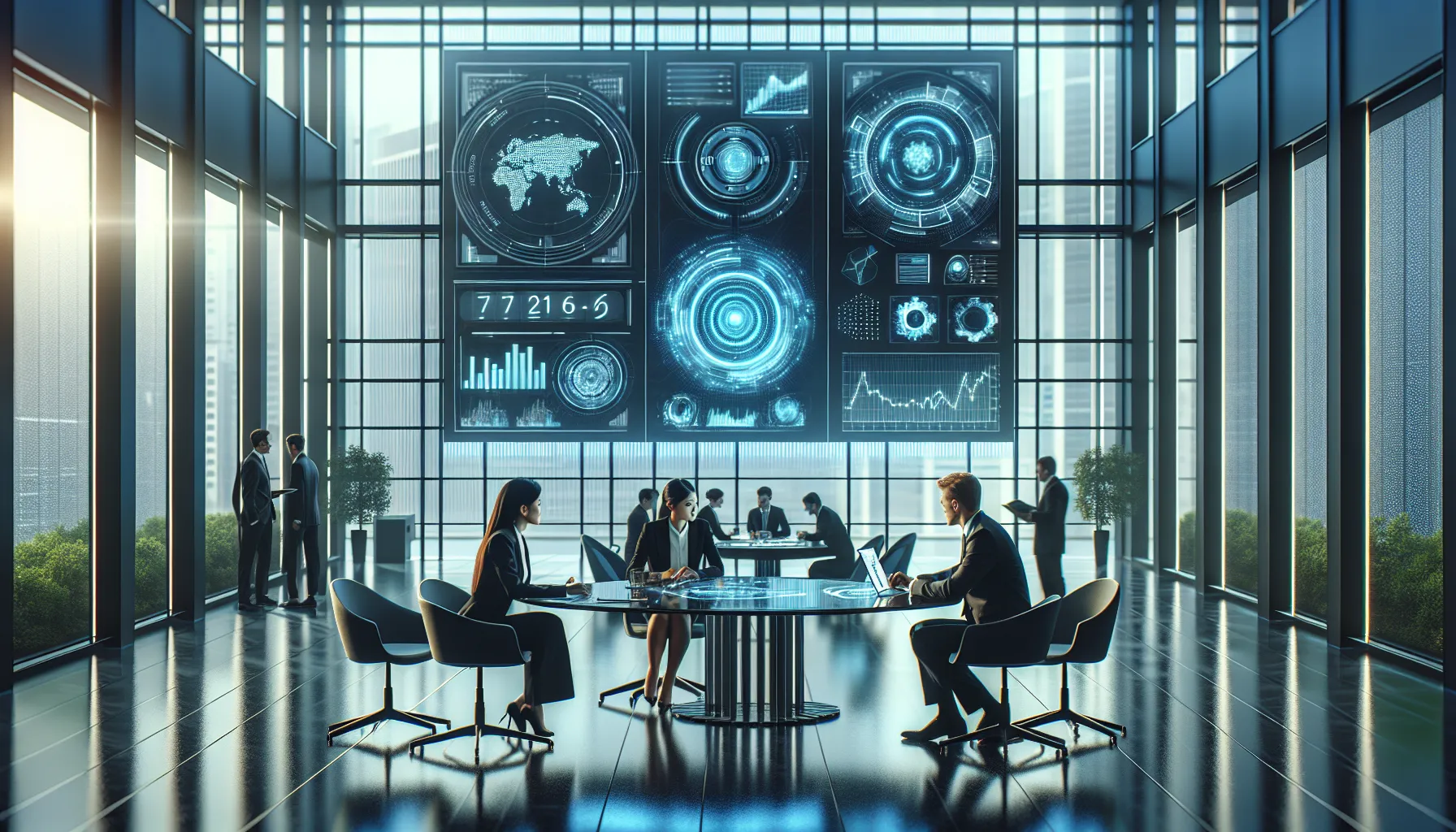 diverse team collaborating in a futuristic office with digital tech.