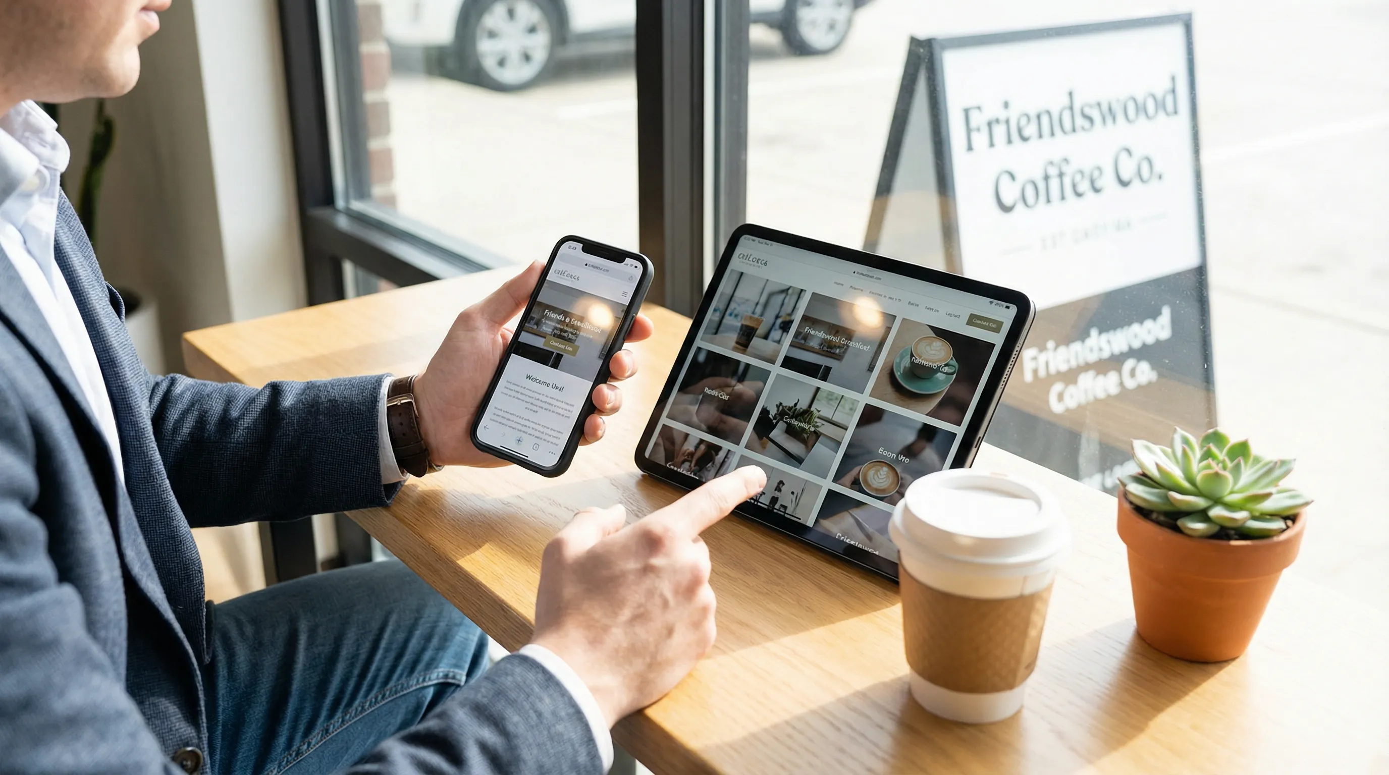 User at a café viewing the same business website on a smartphone and tablet with responsive layouts.