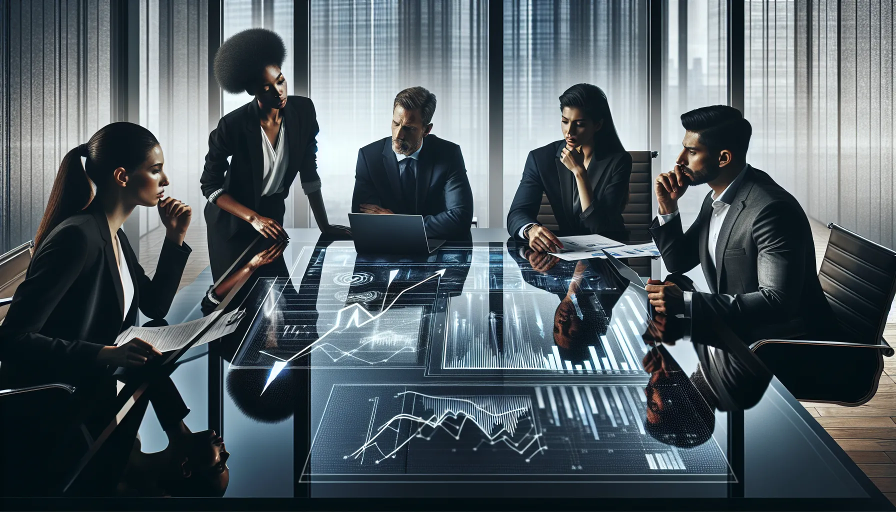 diverse professionals discussing economic implications in a modern office.