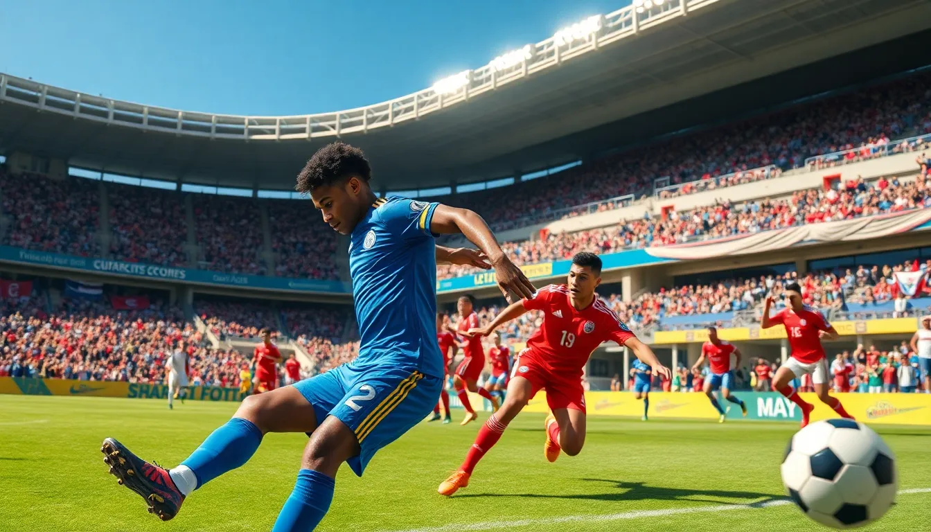 A football match in a lively stadium with players in action.