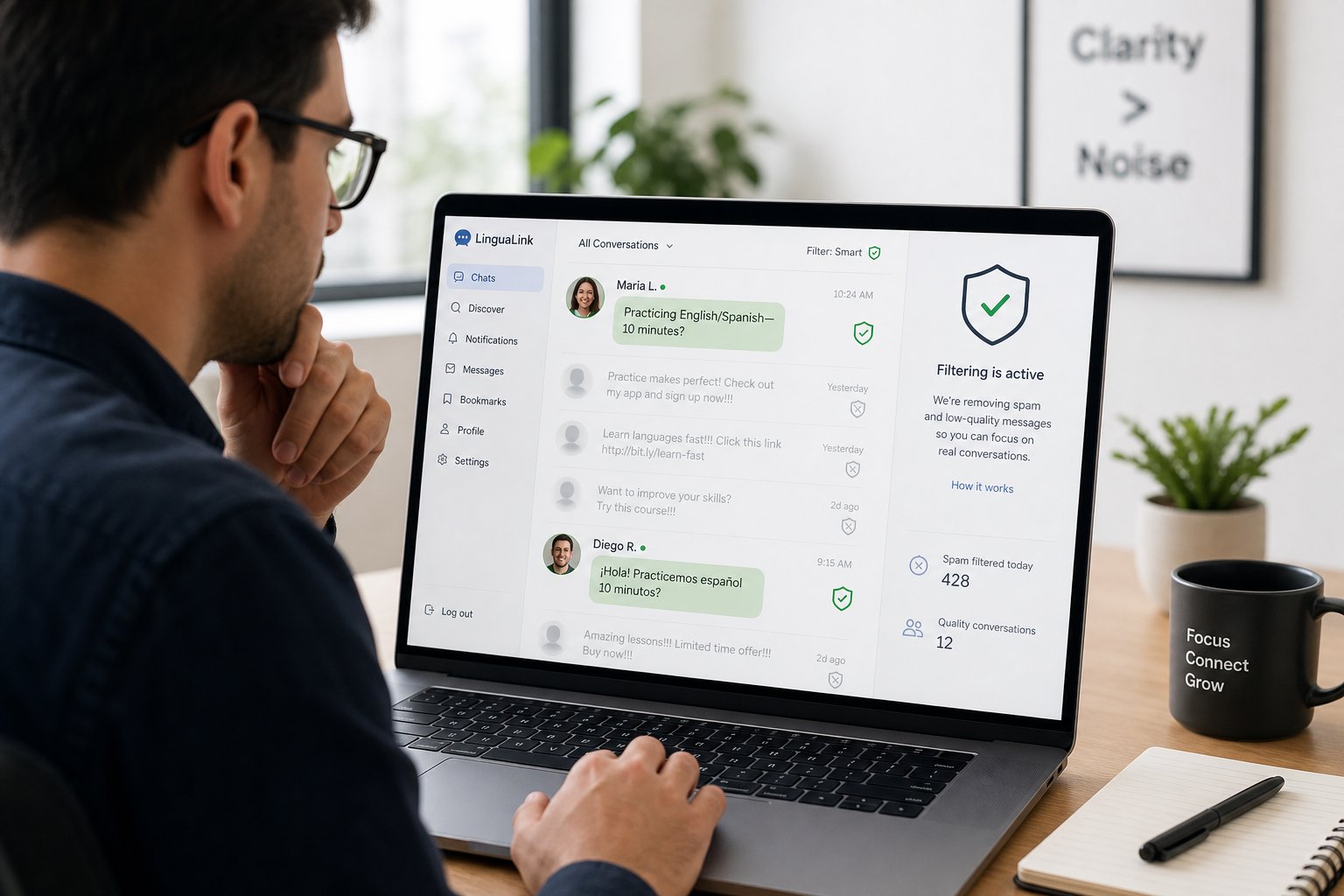 Professional reviewing a chat app, highlighting quality messages and moderation filtering.