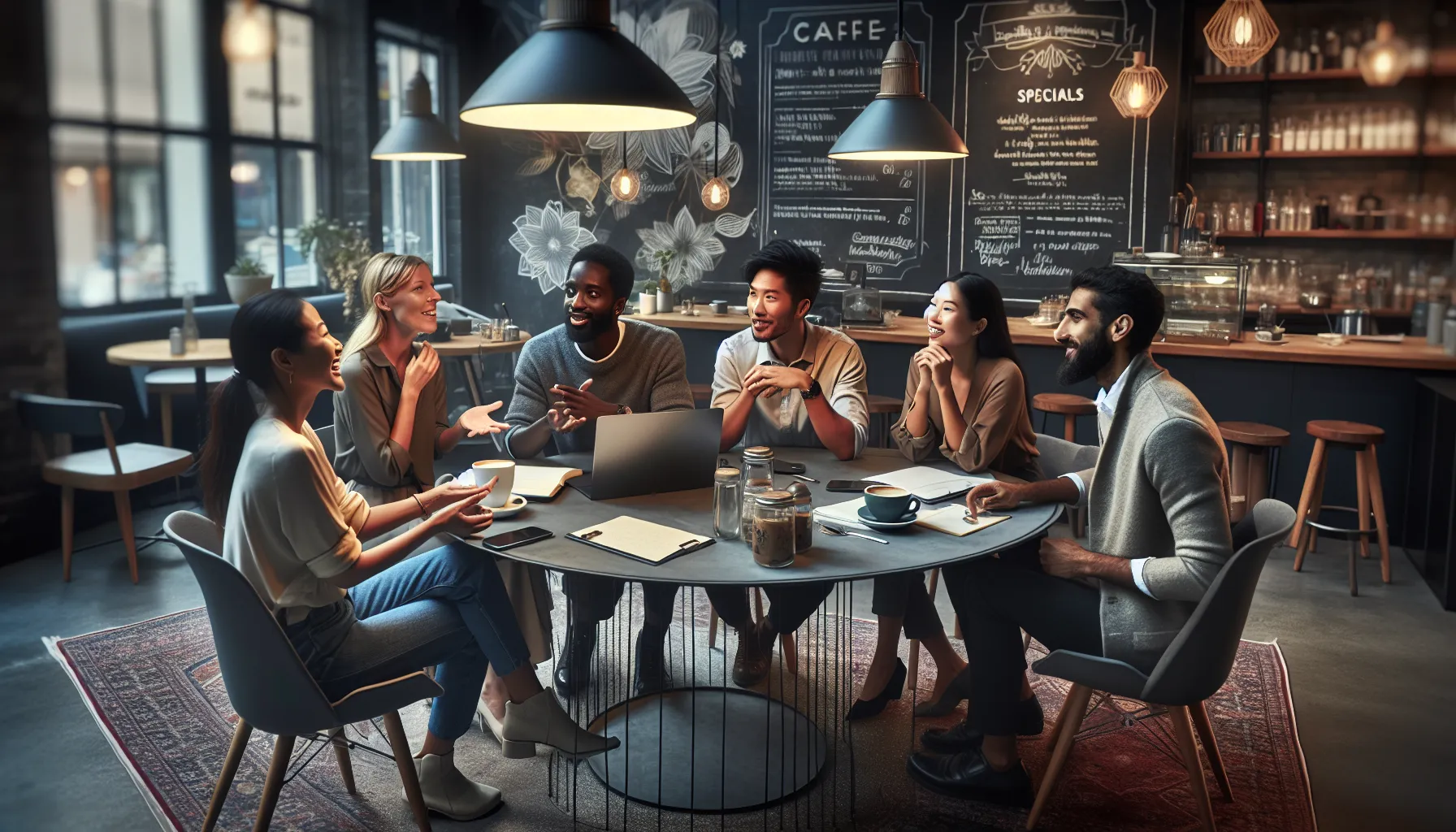 diverse group chatting in a cozy café setting.