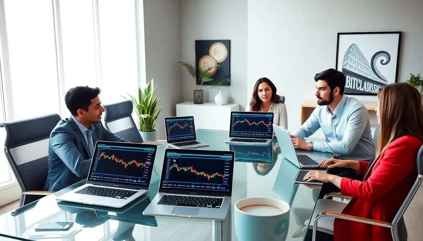 diverse team discussing cryptocurrency trading in a modern office.