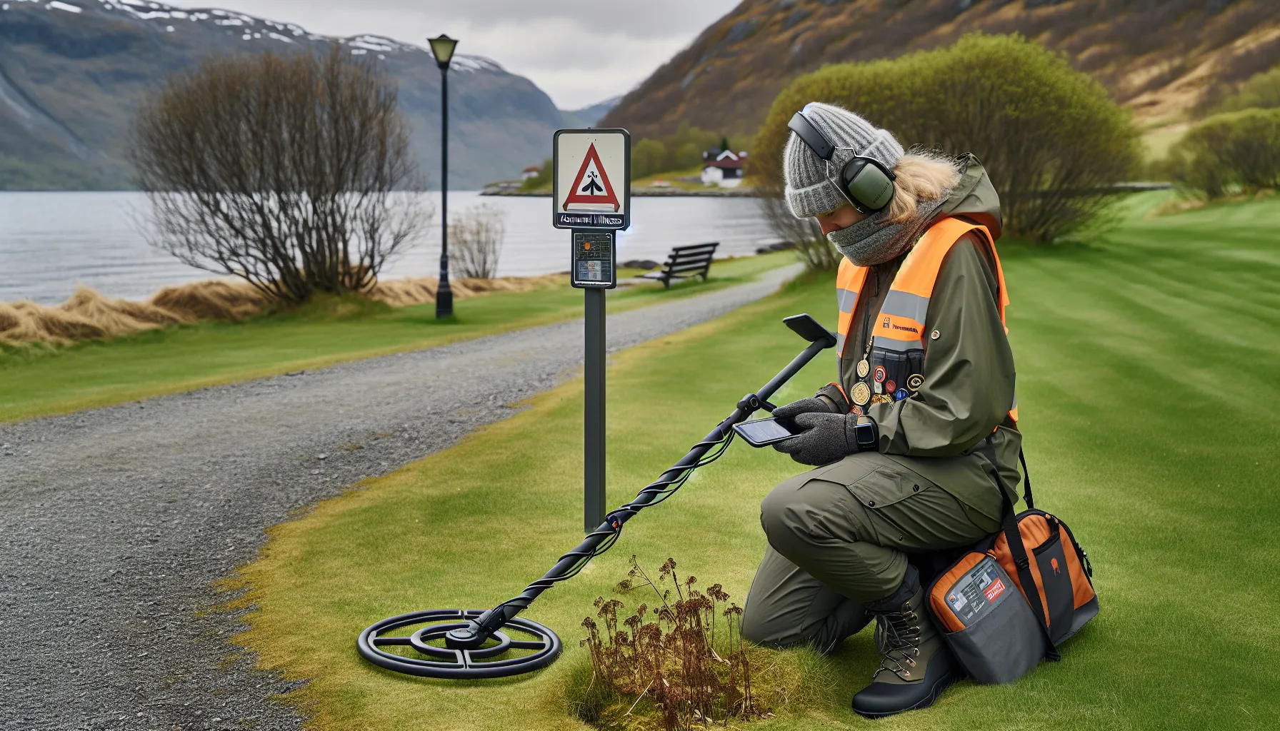 Woman metal-detecting in norwegian park with permit, away from heritage area.