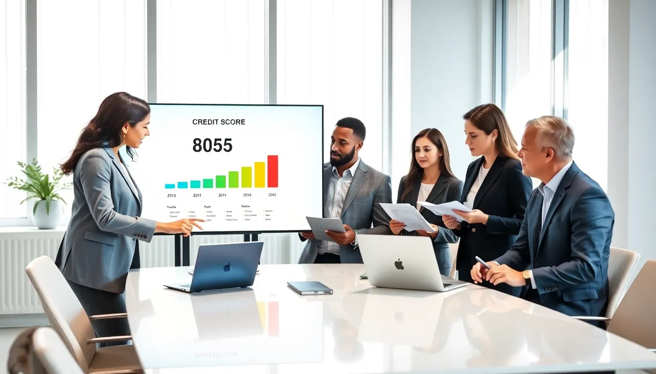 diverse financial advisors discussing credit scores in a modern office.