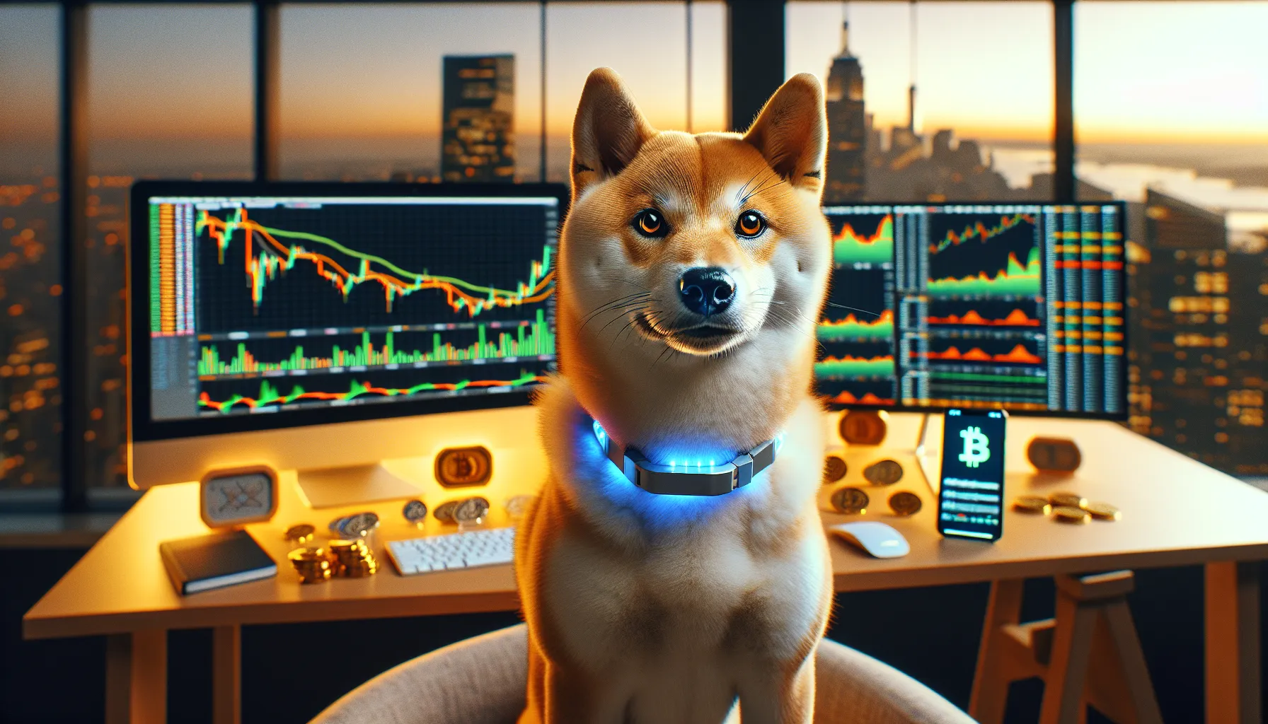 Shiba Inu dog at computer workstation with cryptocurrency charts and urban cityscape background.